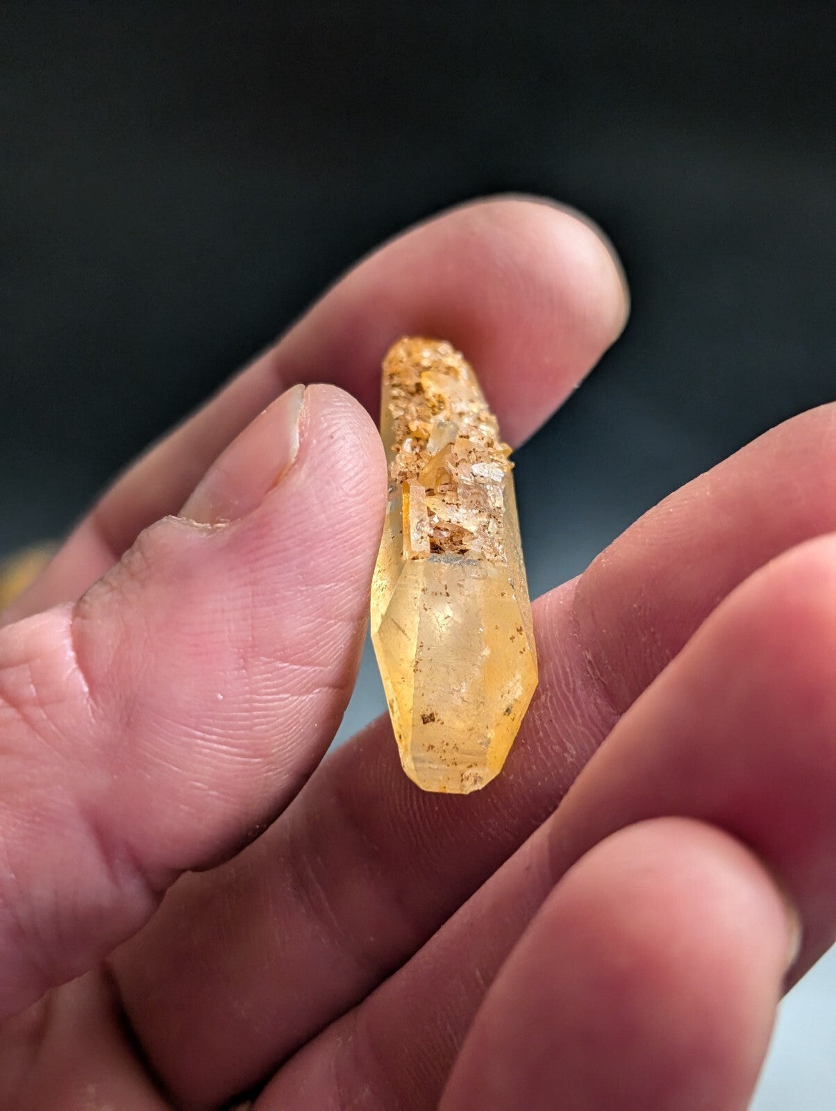 A translucent yellow crystal with a rough, earthy top and smooth, faceted base.
