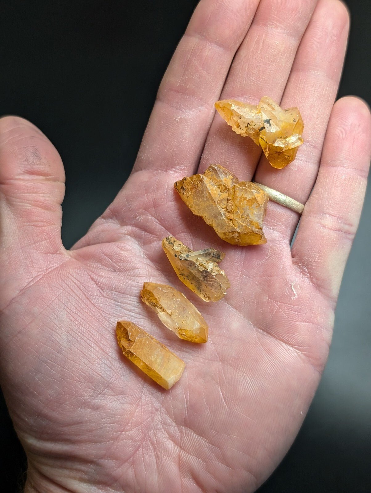 A hand holds five translucent amber-colored crystal specimens with natural, jagged edges and varying sizes.