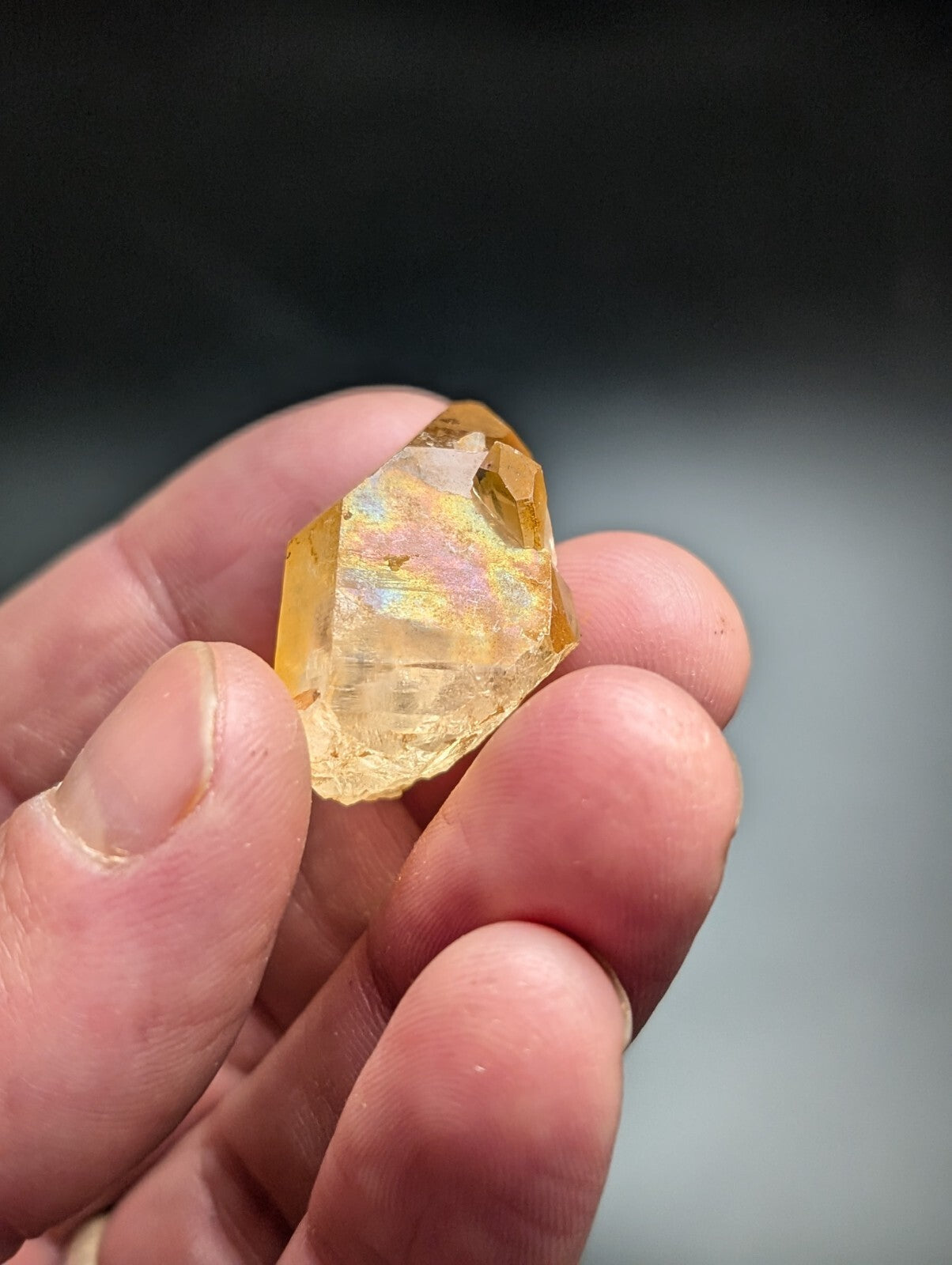 A translucent golden-yellow citrine crystal with a faceted, geometric shape and subtle iridescent flashes.