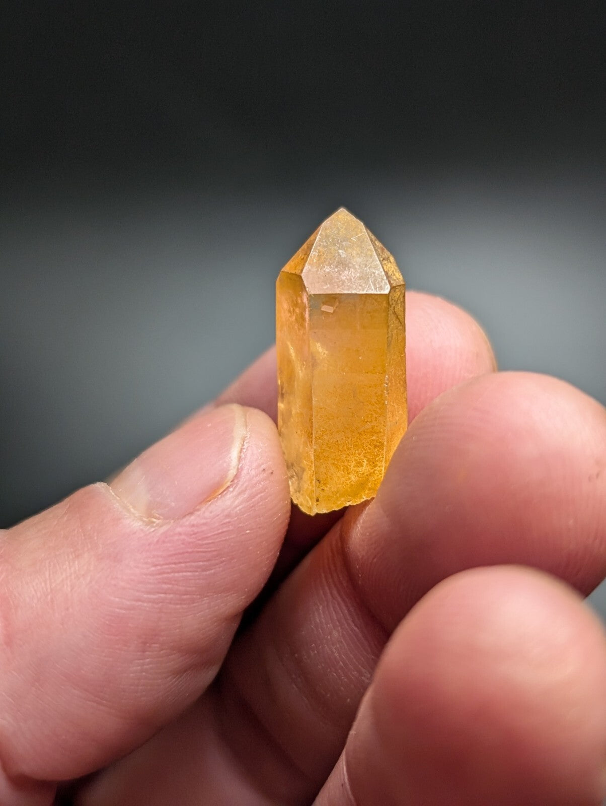 A translucent golden-yellow citrine crystal with a pointed, faceted top and smooth sides.