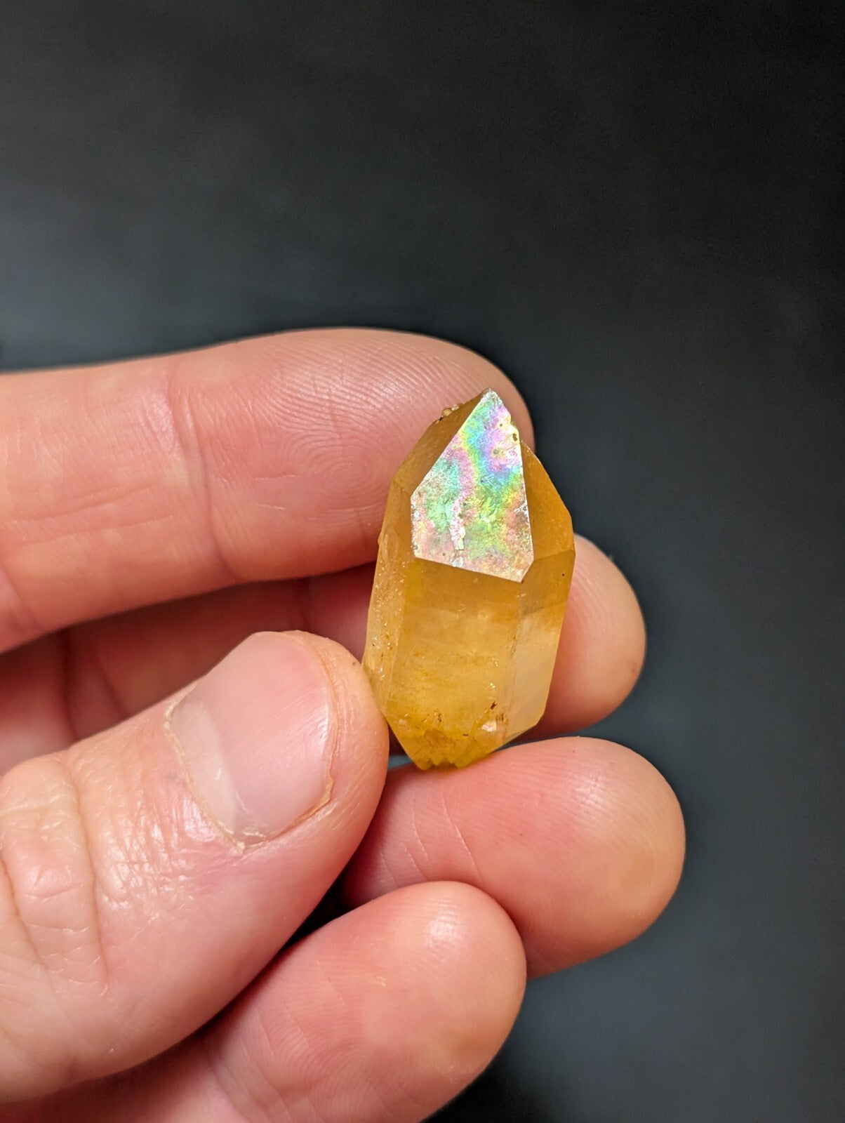 A translucent golden-yellow citrine crystal with a faceted, pointed top that displays iridescent rainbow reflections.