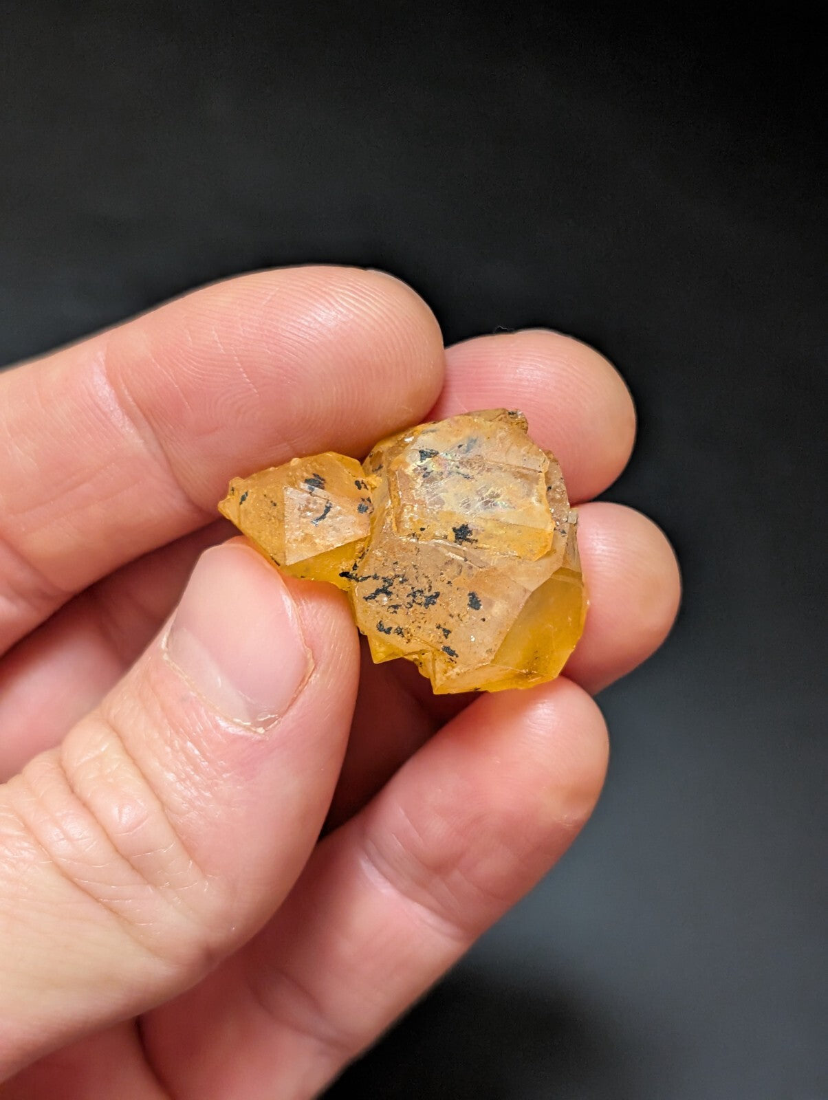 A translucent amber-colored mineral specimen with a crystalline structure and dark inclusions, held gently between fingers.