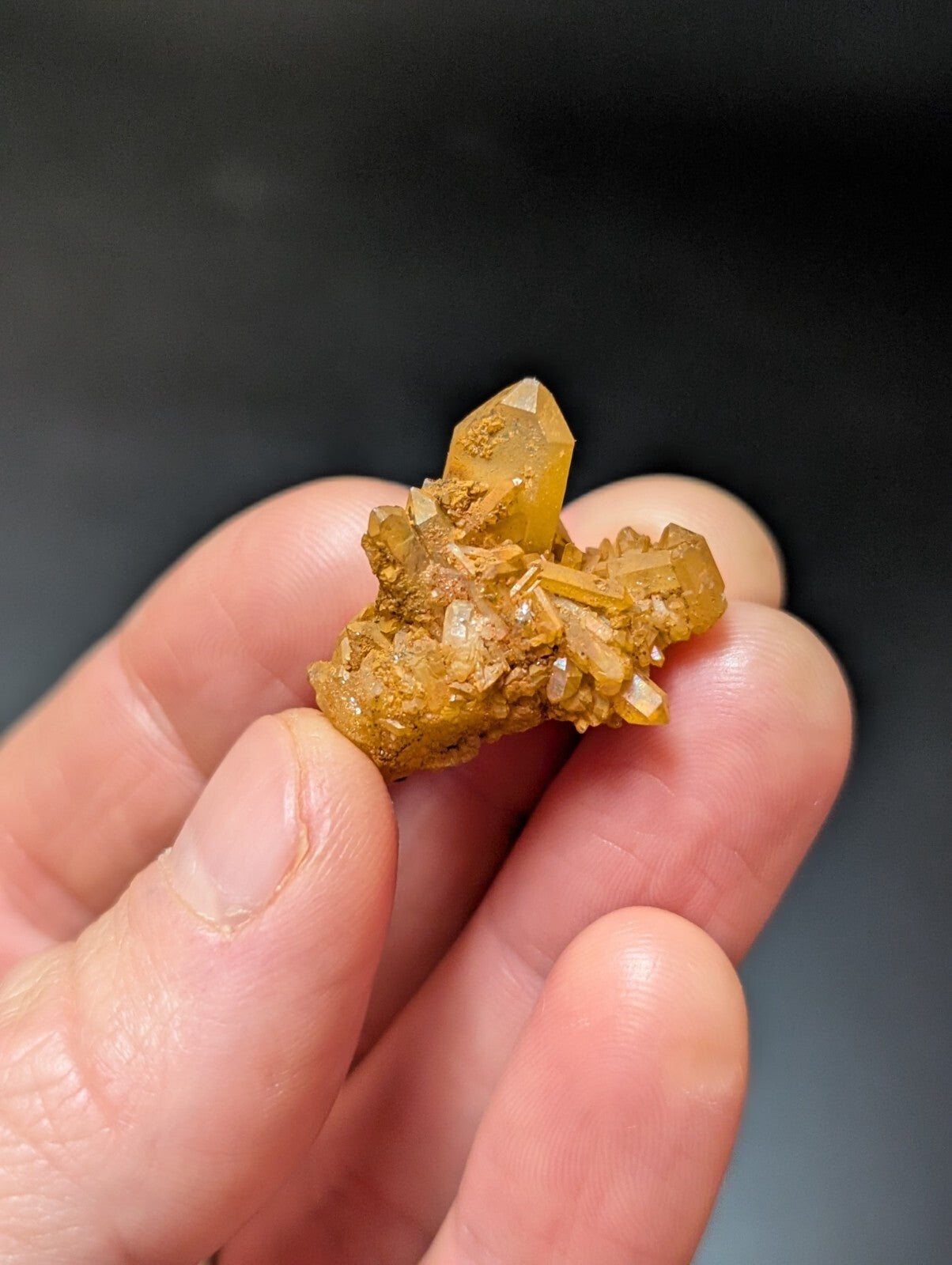 A golden-yellow citrine crystal cluster with translucent facets and earthy matrix.