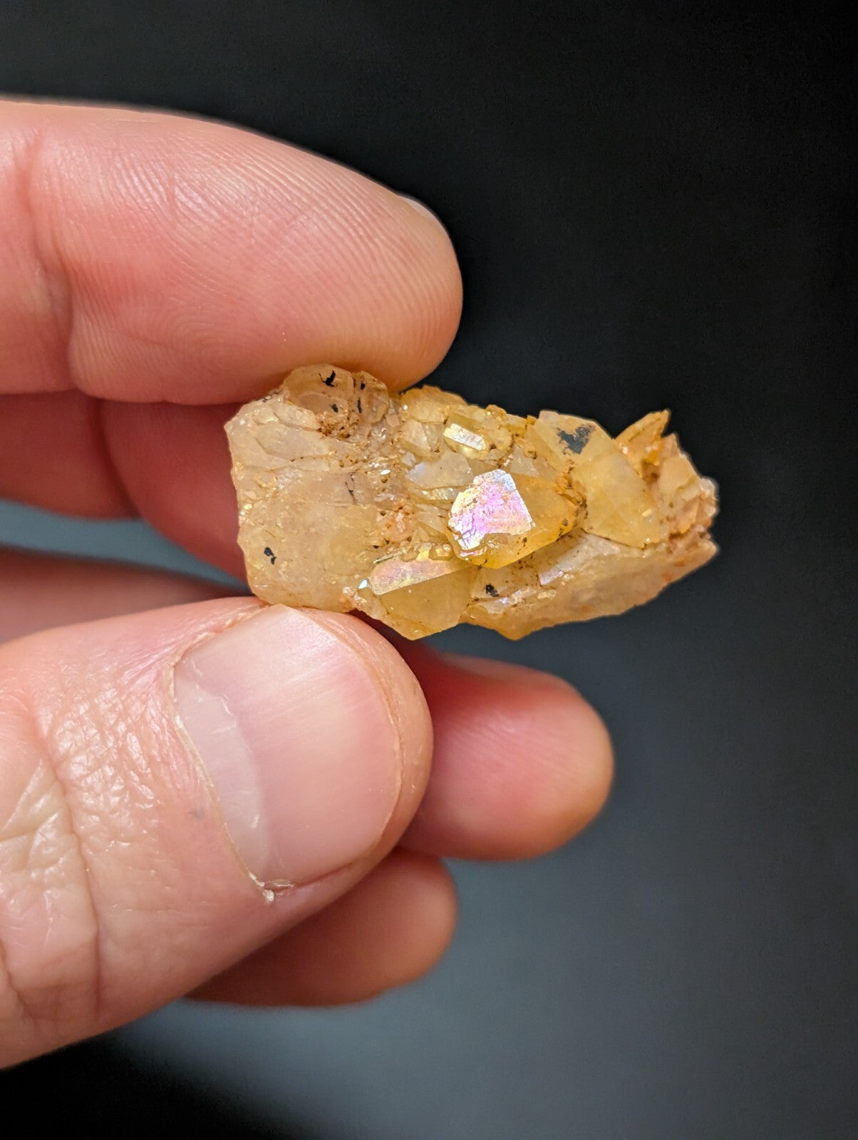A translucent golden-yellow mineral specimen with iridescent, faceted crystals embedded in a rough, earthy matrix.
