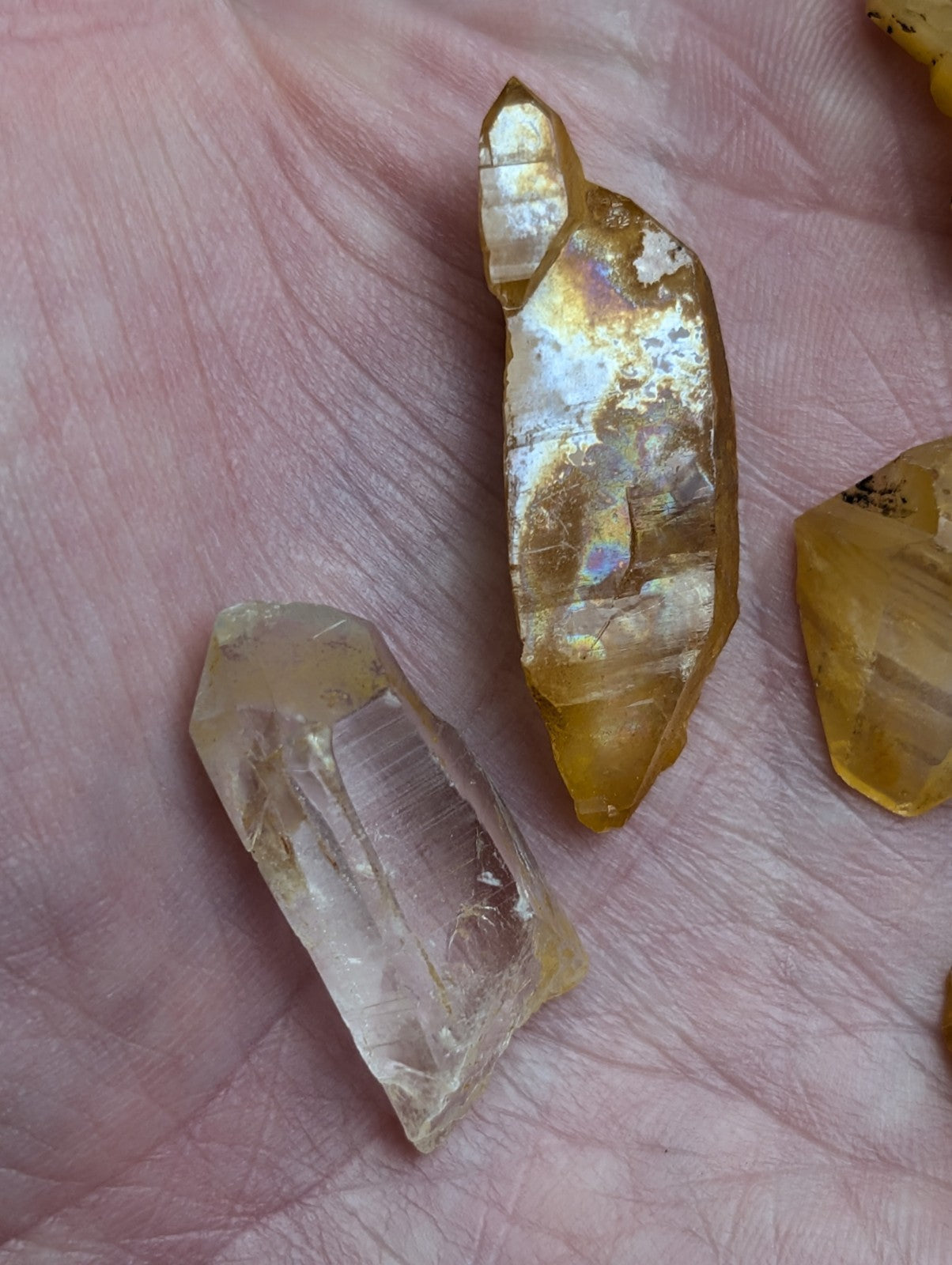 A translucent golden-yellow citrine crystal with natural facets from the set of 6 Arkansas quartz crystals unique ooak