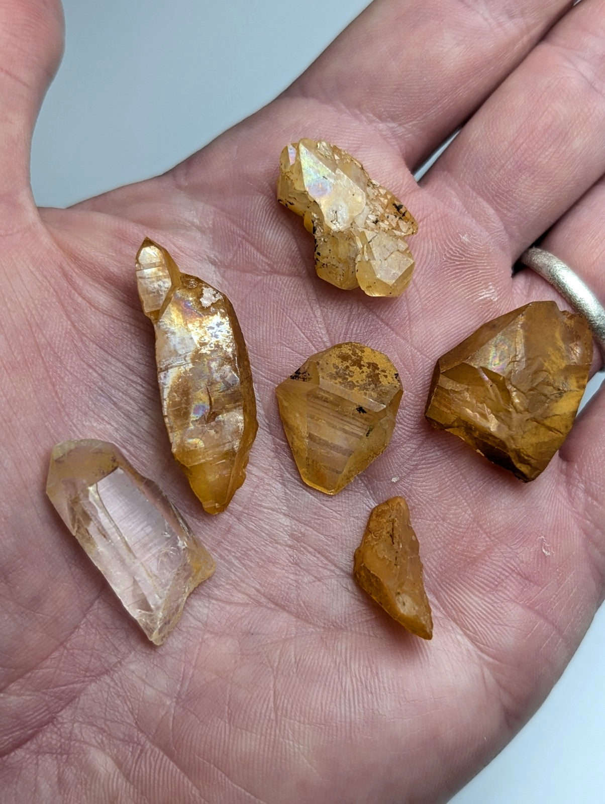 A hand holds several golden-yellow and clear Arkansas quartz crystals with natural iridescence and faceted surfaces