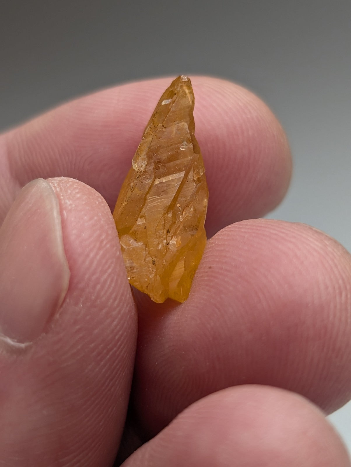 A translucent amber-colored leaf-shaped arkansas quartz crystal with natural iridescence and visible striations