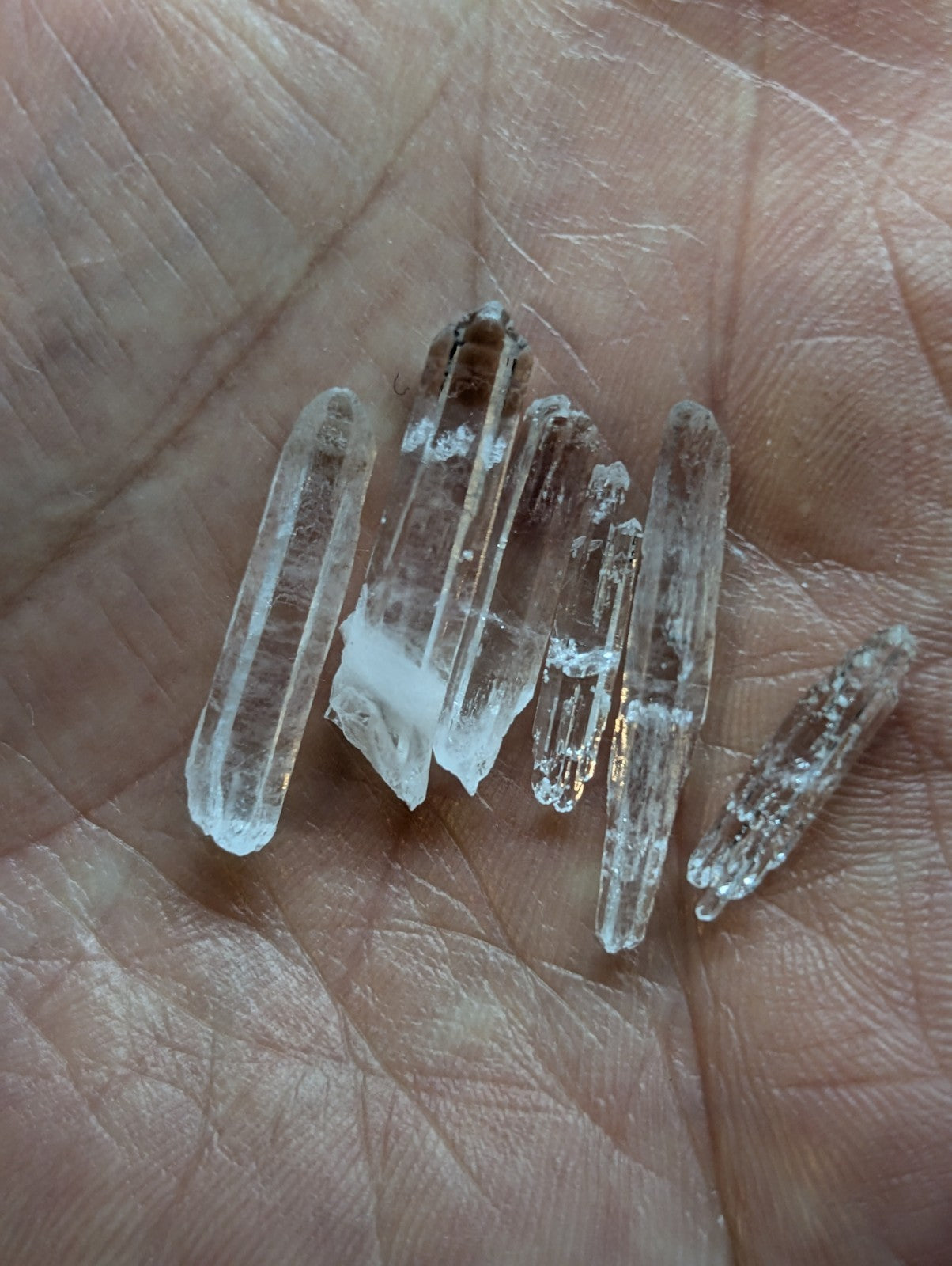 Clear quartz crystals with natural facets and subtle internal inclusions, resting gently on an open palm.