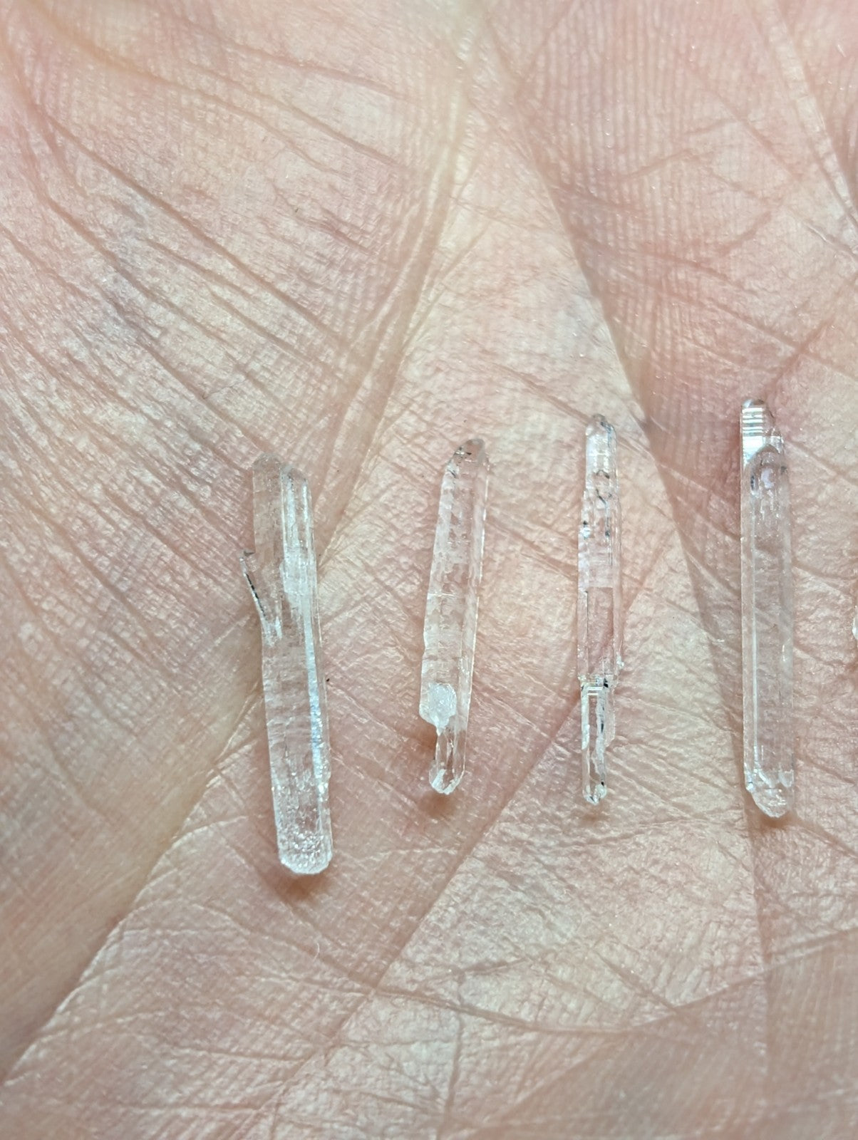 Four translucent, clear quartz crystals with natural facets and slight imperfections rest in the palm of a hand.