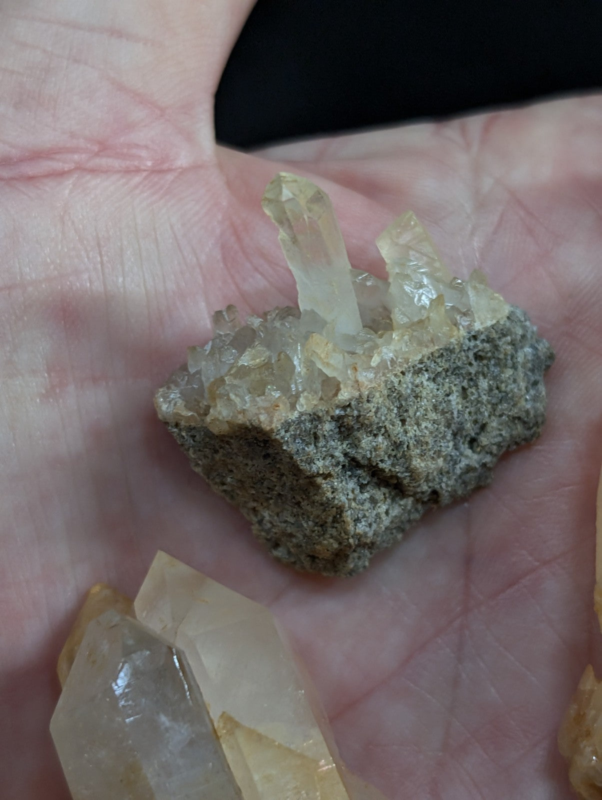 A cluster of translucent, pale yellow quartz crystals growing from a rough, grayish rock base.
