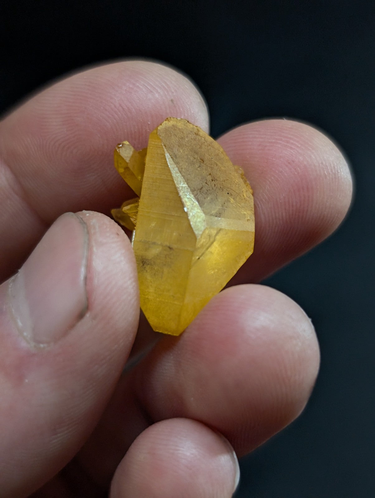 A translucent golden-yellow crystal with sharp, angular facets and a slightly rough surface.