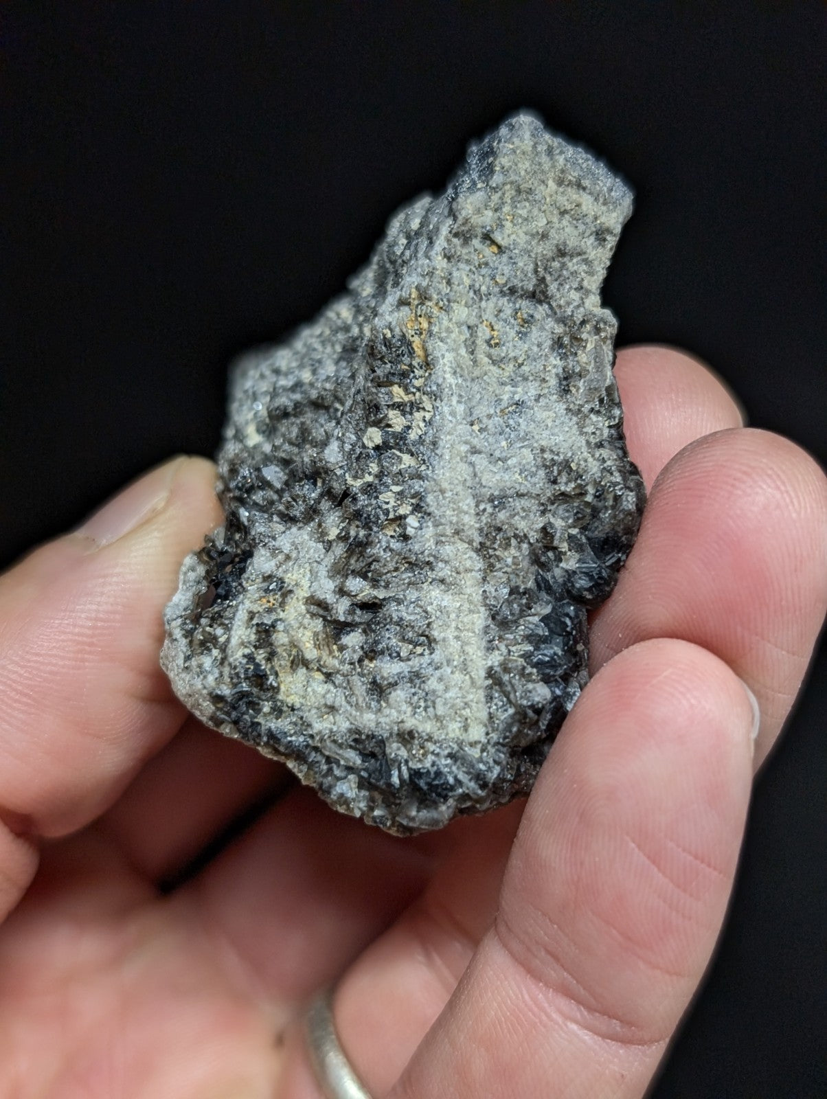 A rough, irregularly shaped gray rock with speckled lighter and darker patches held in a hand.