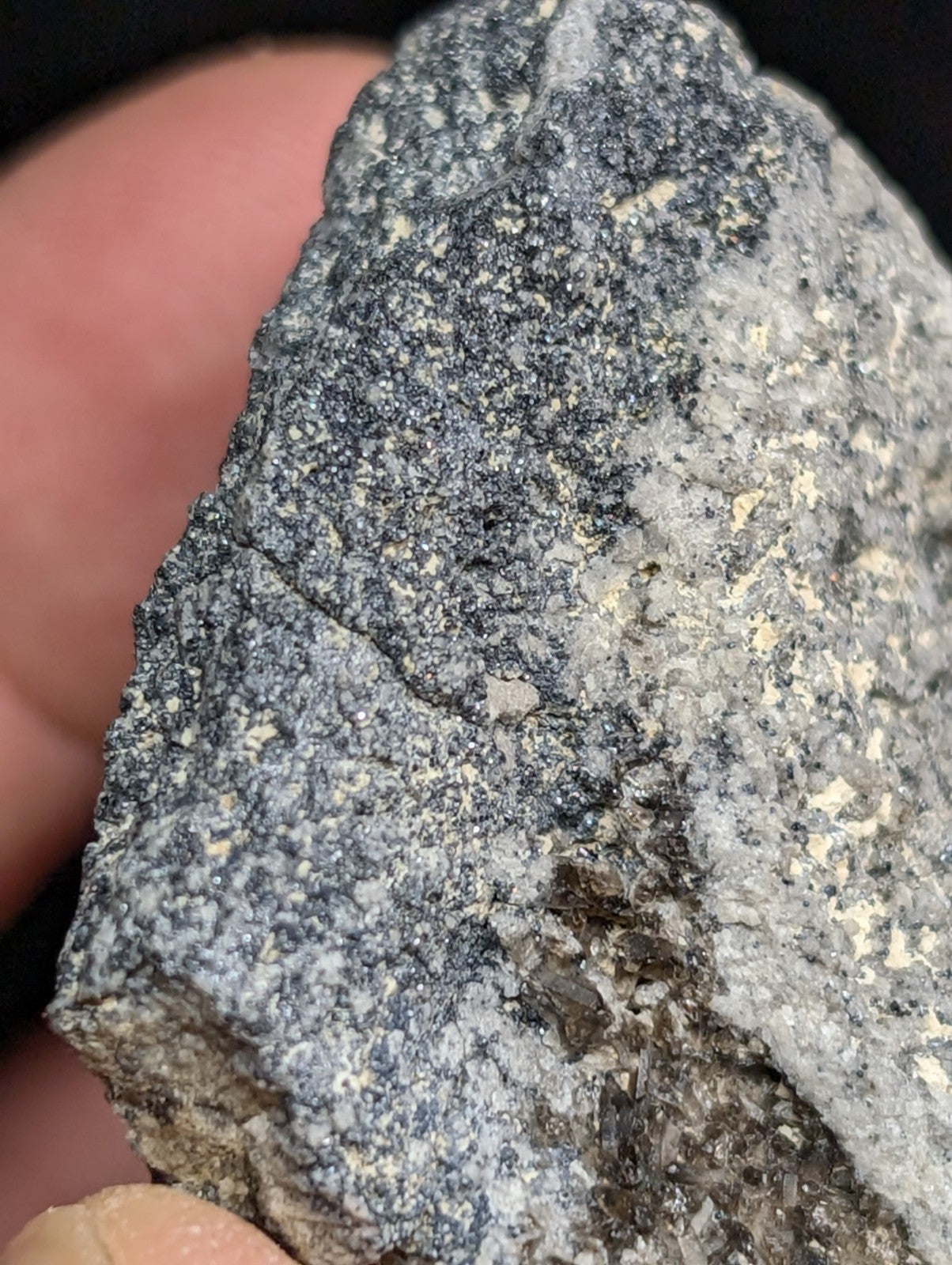 A rugged, speckled gray rock with a rough texture and visible mineral inclusions.