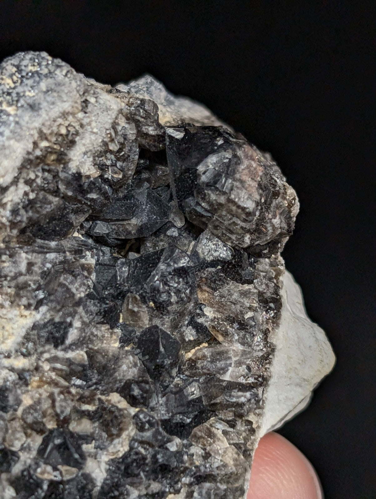 A rugged, dark gray rock specimen featuring a cluster of sharp-edged black crystals embedded in a lighter matrix.