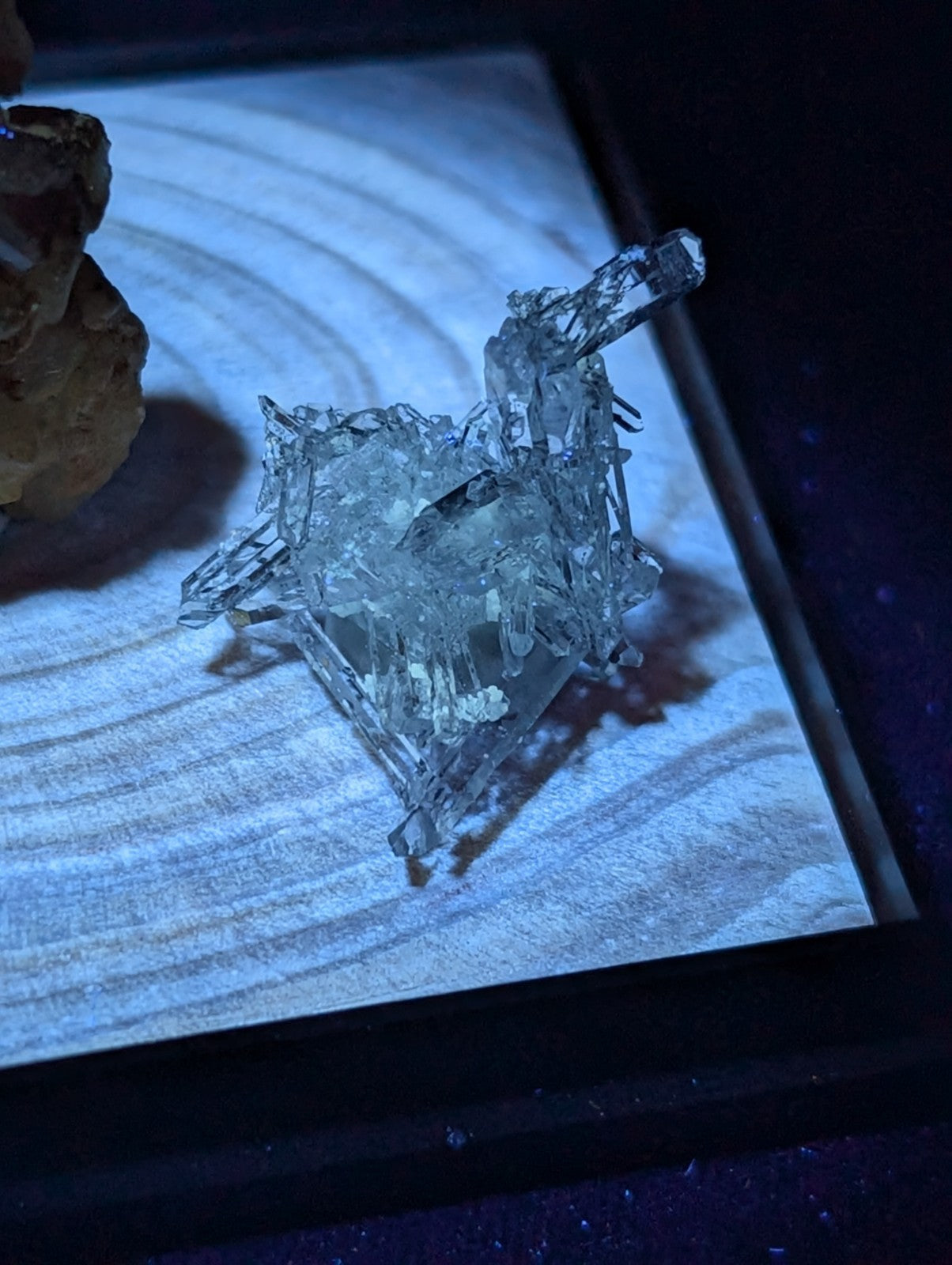 A translucent, crystalline mineral specimen with sharp, jagged facets and a clear, glassy appearance.