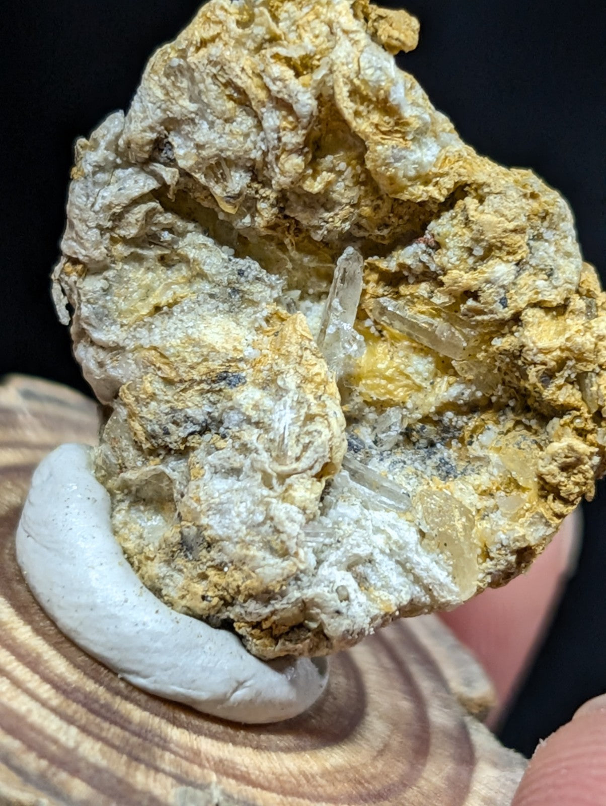 A rugged, naturally formed mineral specimen featuring translucent quartz crystals emerging from a textured matrix of yellow and white earthy material.