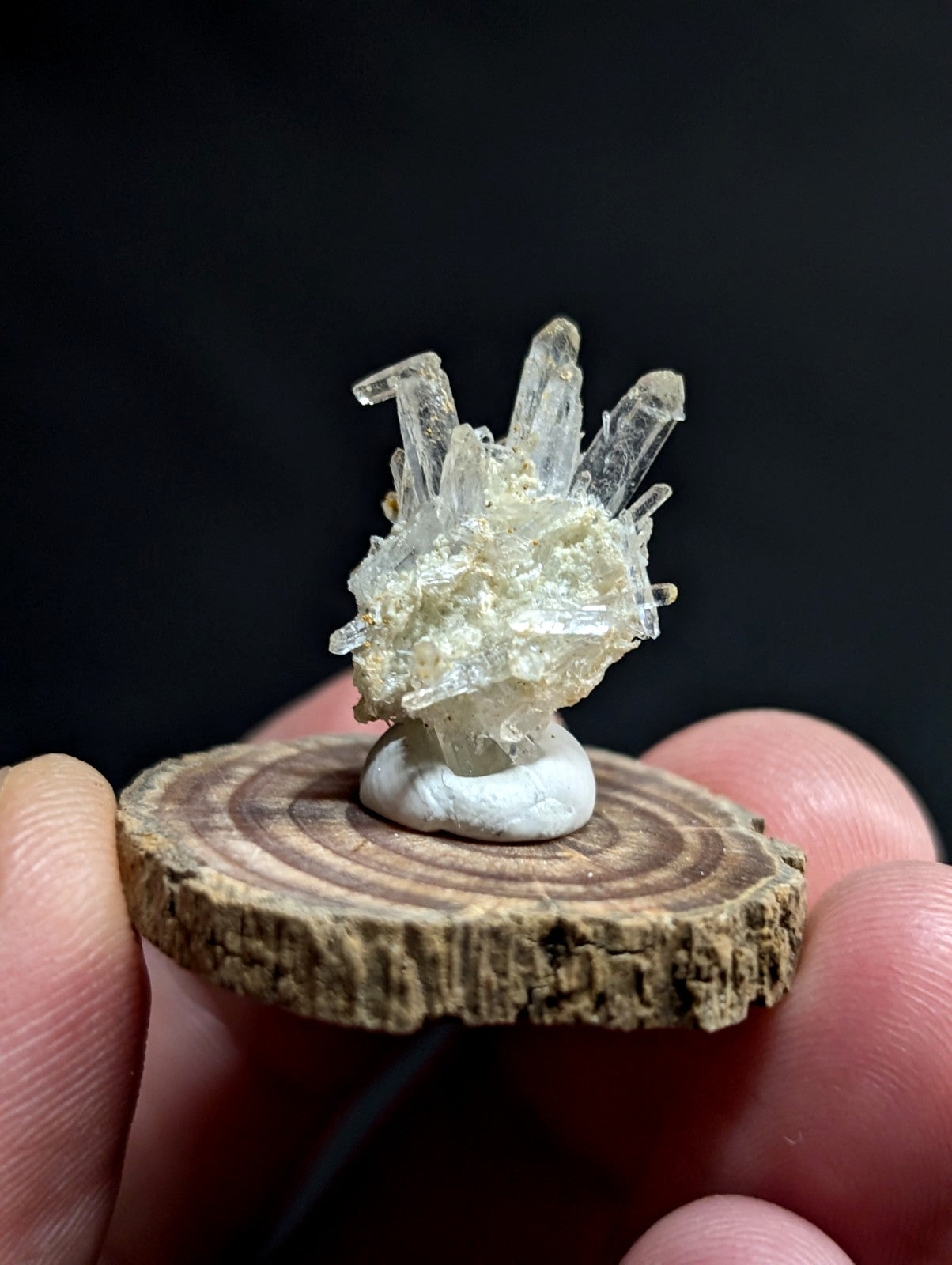 A clear quartz crystal cluster with translucent, pointed formations emerging from a pale yellowish base.