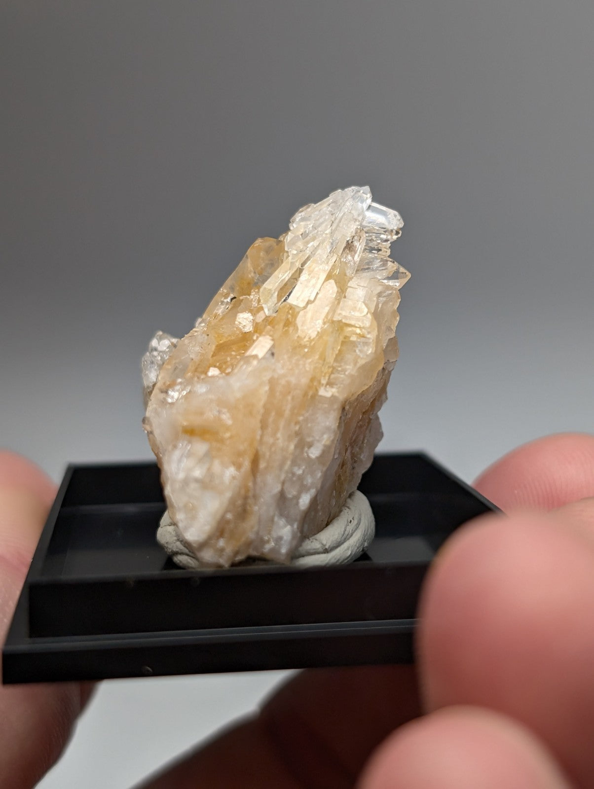 Solution quartz crystal cluster with translucent amber-colored pointed facets and rough base from saline county arkansas
