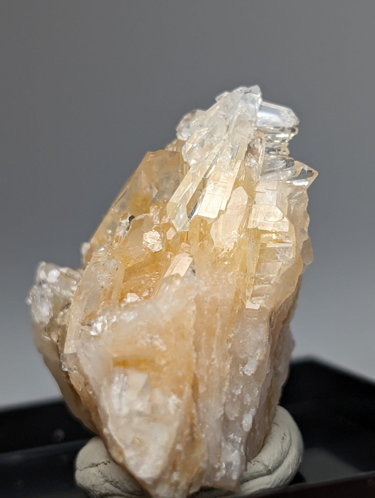 Solution quartz crystal cluster from saline county Arkansas with translucent amber base and clear faceted quartz tips