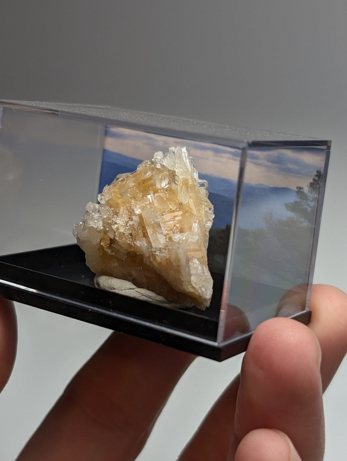 Solution quartz crystal cluster with golden-yellow and white hues displayed in clear acrylic case from saline county arkansas