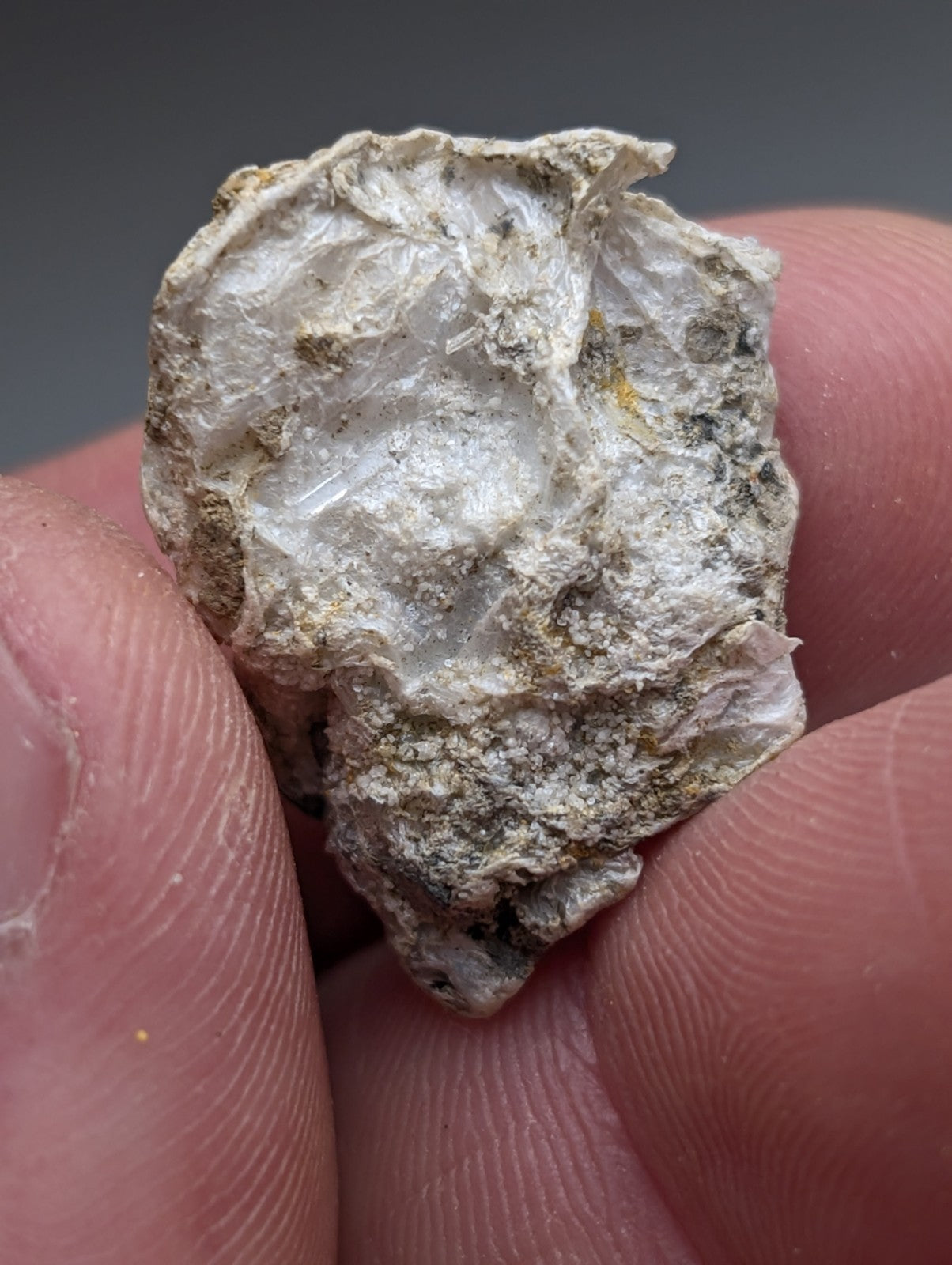A rough translucent white solution quartz crystal with internal facets and mineral inclusions in rectorite from Jeffrey Quarry Arkansas