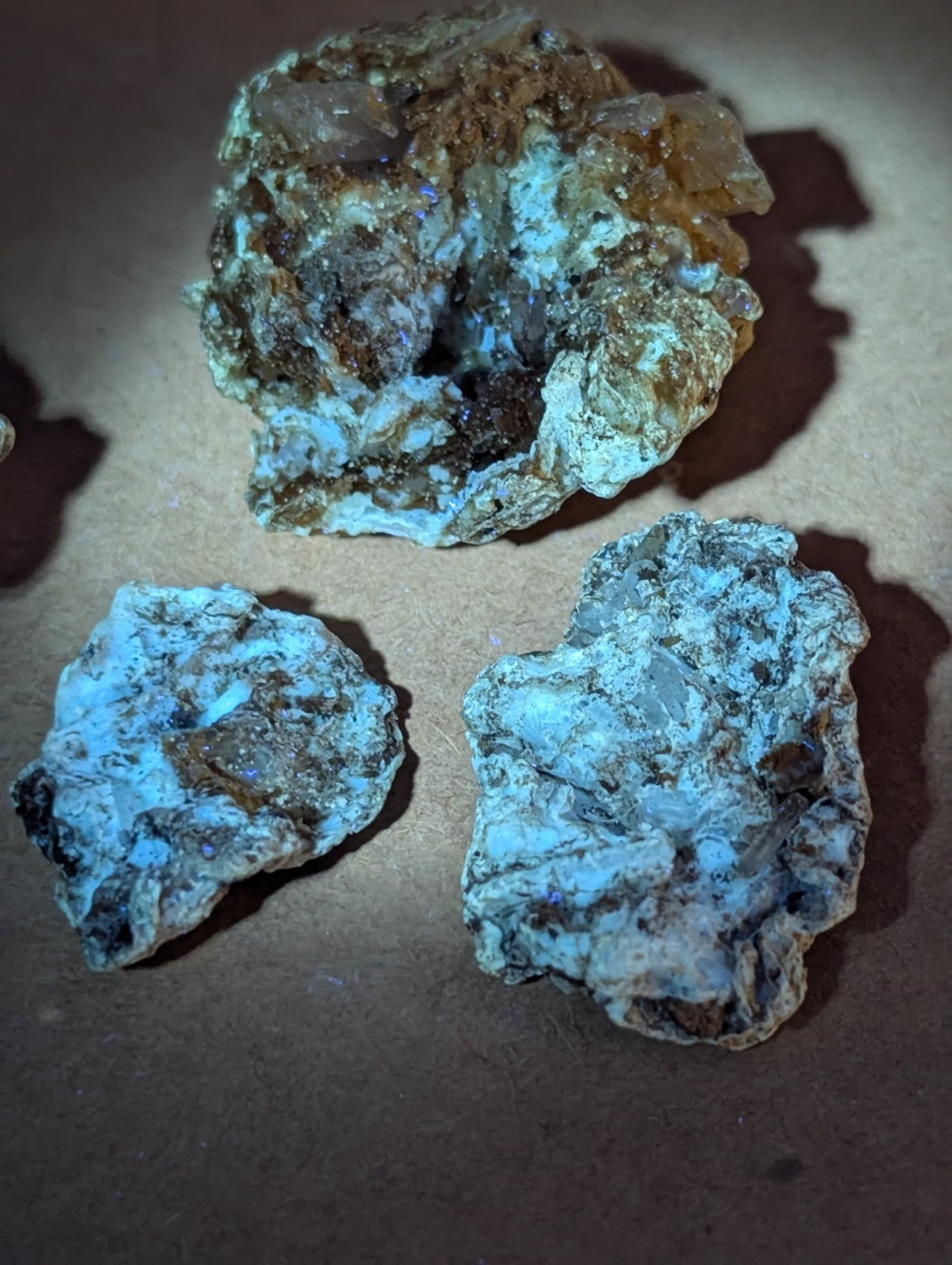 Solution quartz in rectorite unique set from Jeffrey Quarry Arkansas with irregular turquoise and brown rough crystals