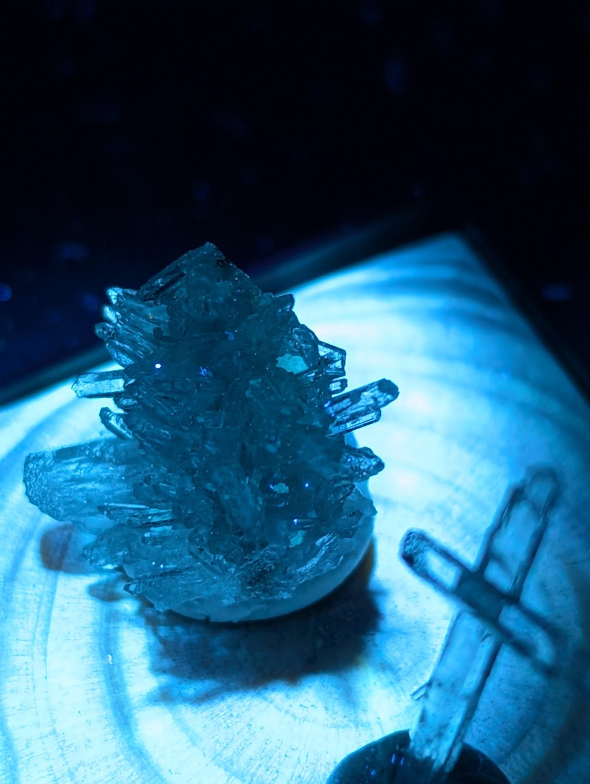 A translucent blue crystal cluster with sharp, faceted points and a glowing illumination.