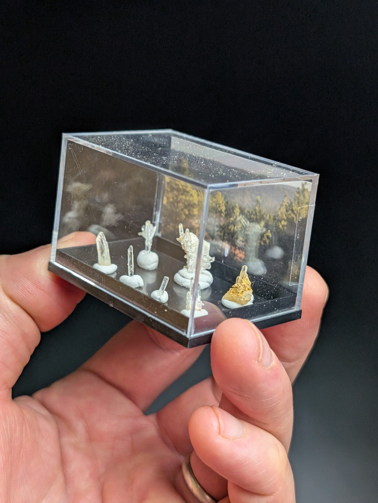 A clear acrylic display case holding miniature white and gold mineral specimens.