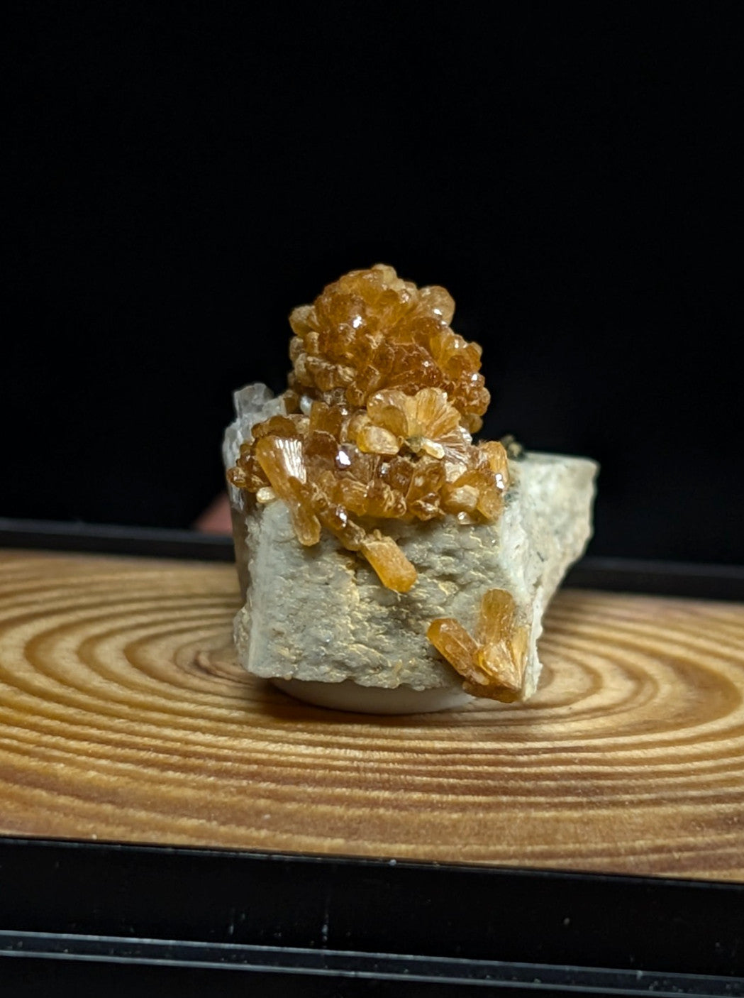 Golden-orange citrine crystals cluster atop a light gray rock base.
