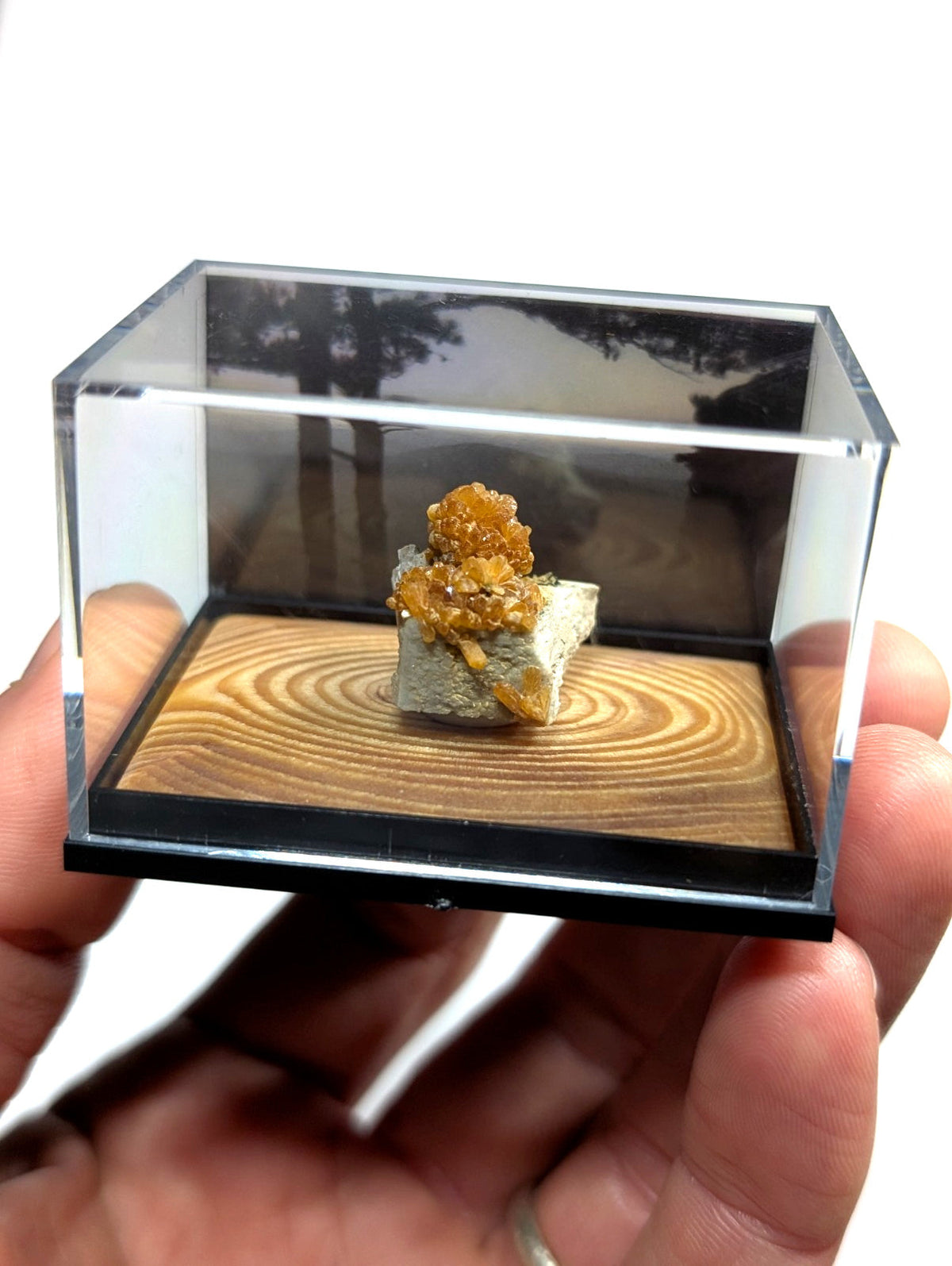 A golden-orange mineral specimen with a crystalline texture sits atop a gray rock base, displayed in a clear acrylic display case on a wooden-textured platform.