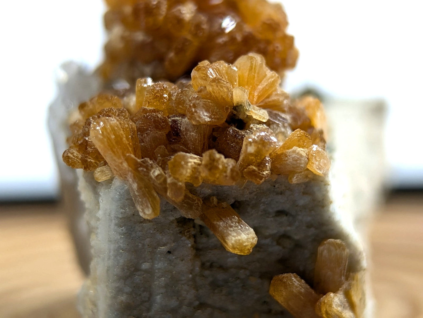 Golden amber-colored citrine crystals cluster atop a gray matrix.