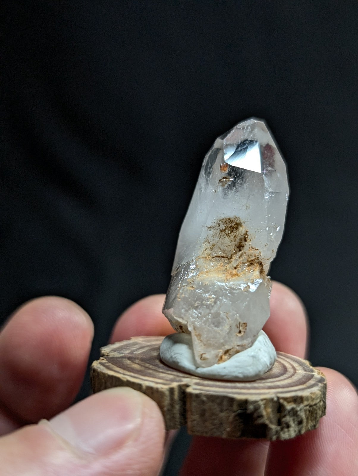 A clear quartz crystal with a pointed tip and natural inclusions, mounted on a rustic wooden slice.