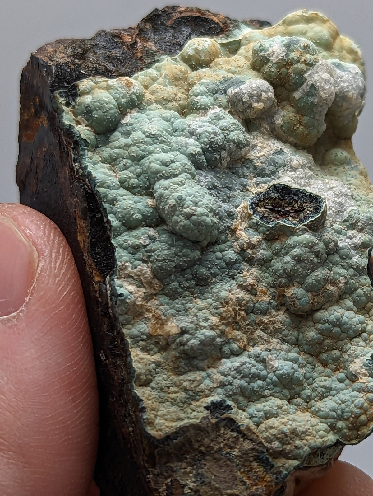 A textured, light green mineral specimen with a rough, bumpy surface and patches of darker brownish material.