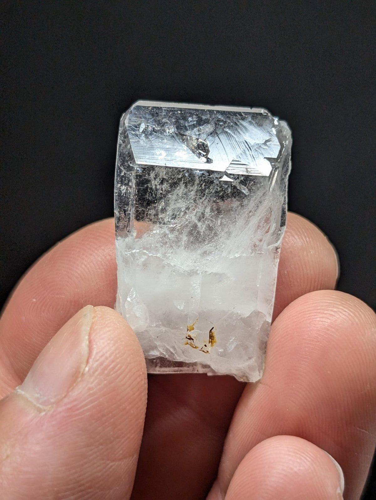 A translucent, clear quartz crystal with a rough, faceted top and internal golden inclusions.