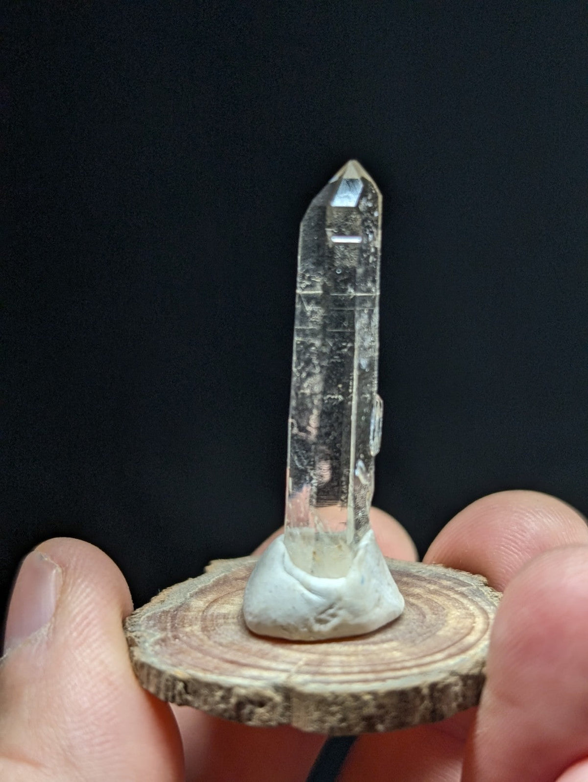 A clear, transparent quartz crystal with a pointed tip and natural inclusions stands upright on a small wooden slice base.