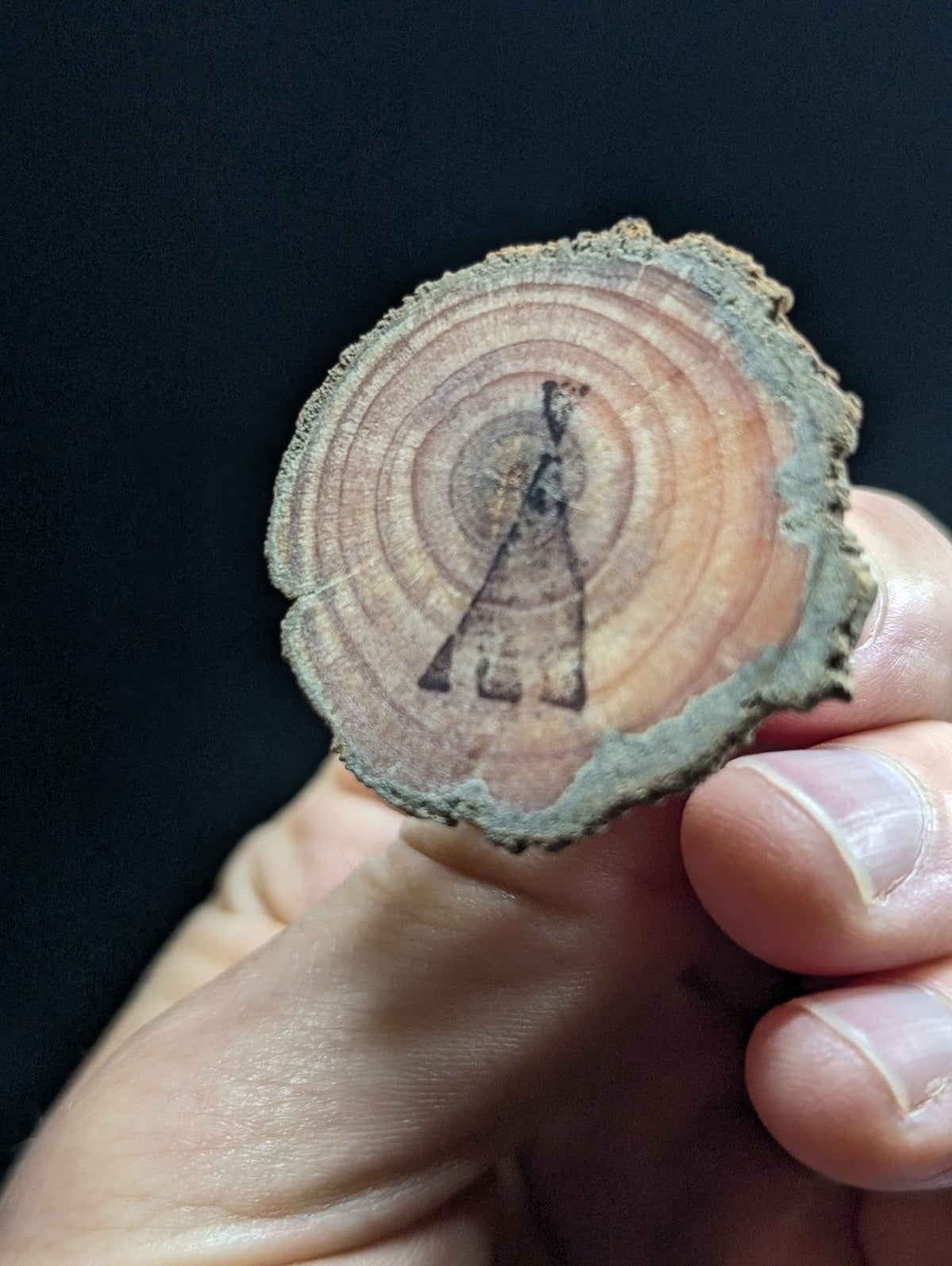A circular wooden slice with visible growth rings and a dark, carved silhouette of a figure in the center.