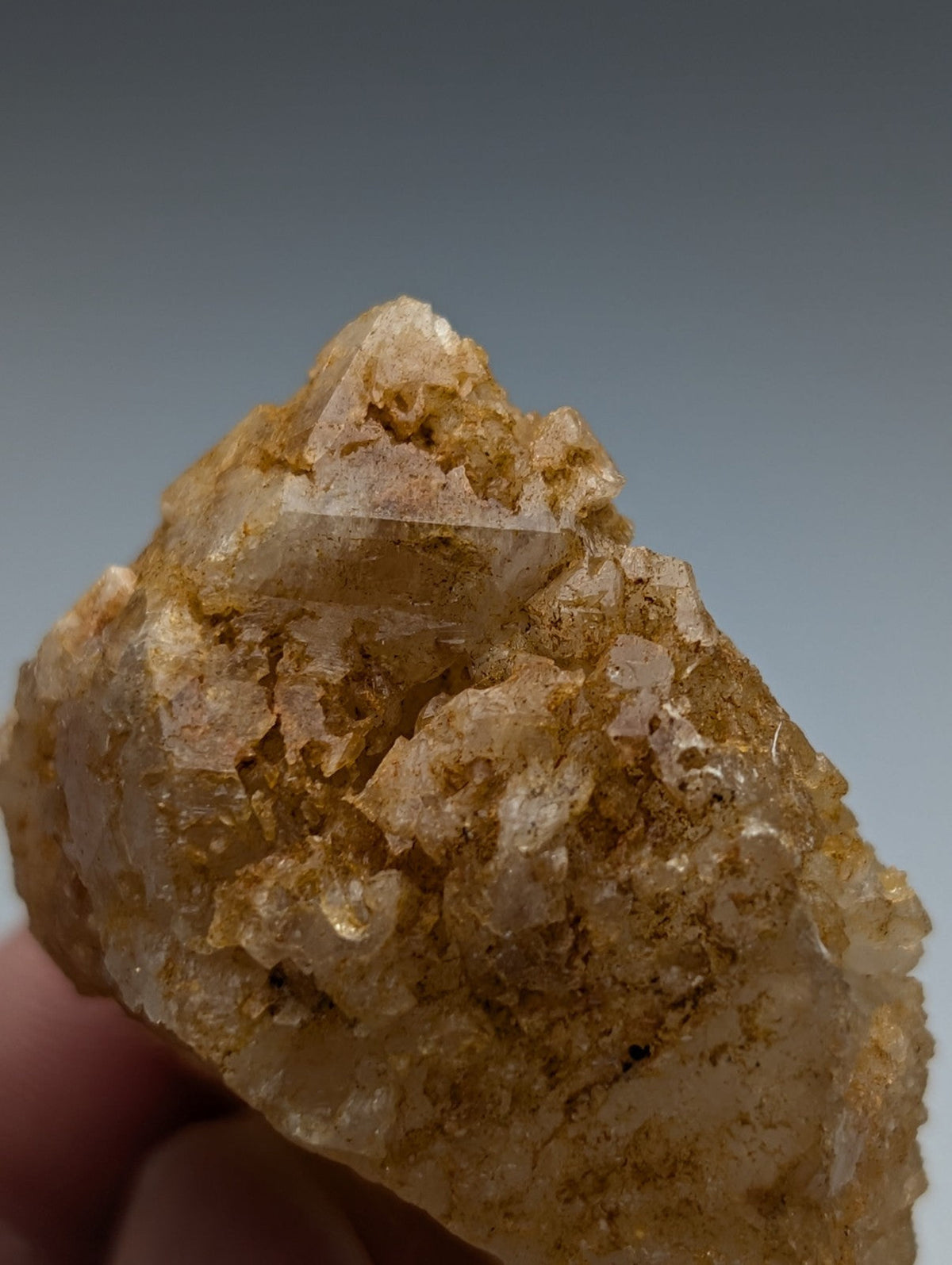 Unique dissolution quartz crystal point with translucent golden yellow cluster and clear quartz from Garland County Arkansas