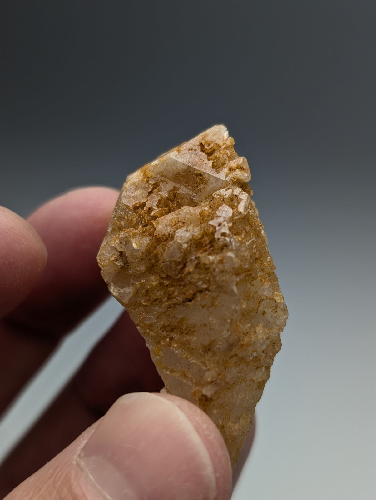 Unique dissolution quartz crystal point in translucent golden yellow with rough surface and internal inclusions from arkansas