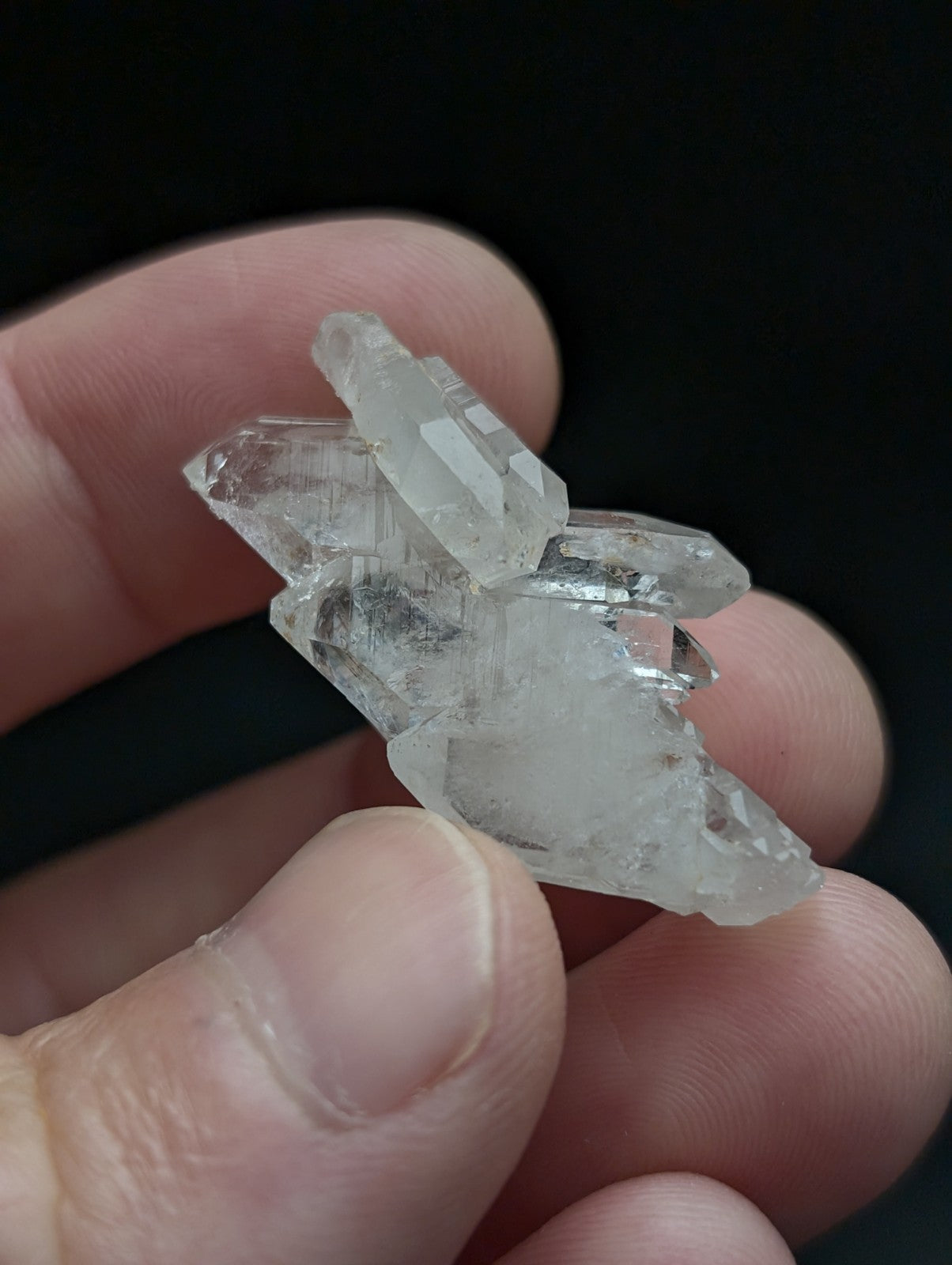 Unique double terminated floater quartz crystal cluster with clear translucent sharp faceted points from Montgomery County Arkansas