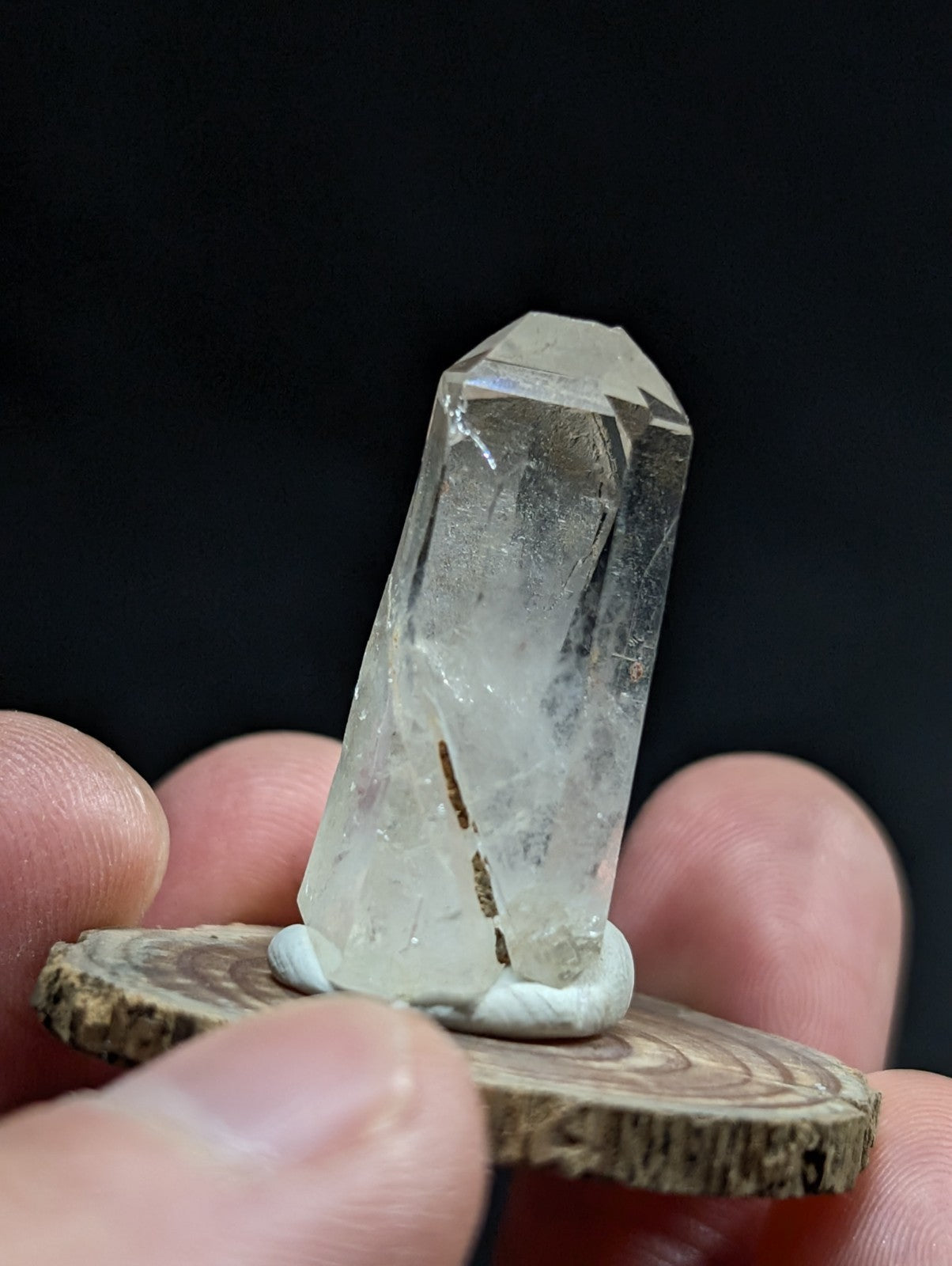 A clear, faceted quartz crystal with natural inclusions sits upright on a small wooden slice held by fingers.
