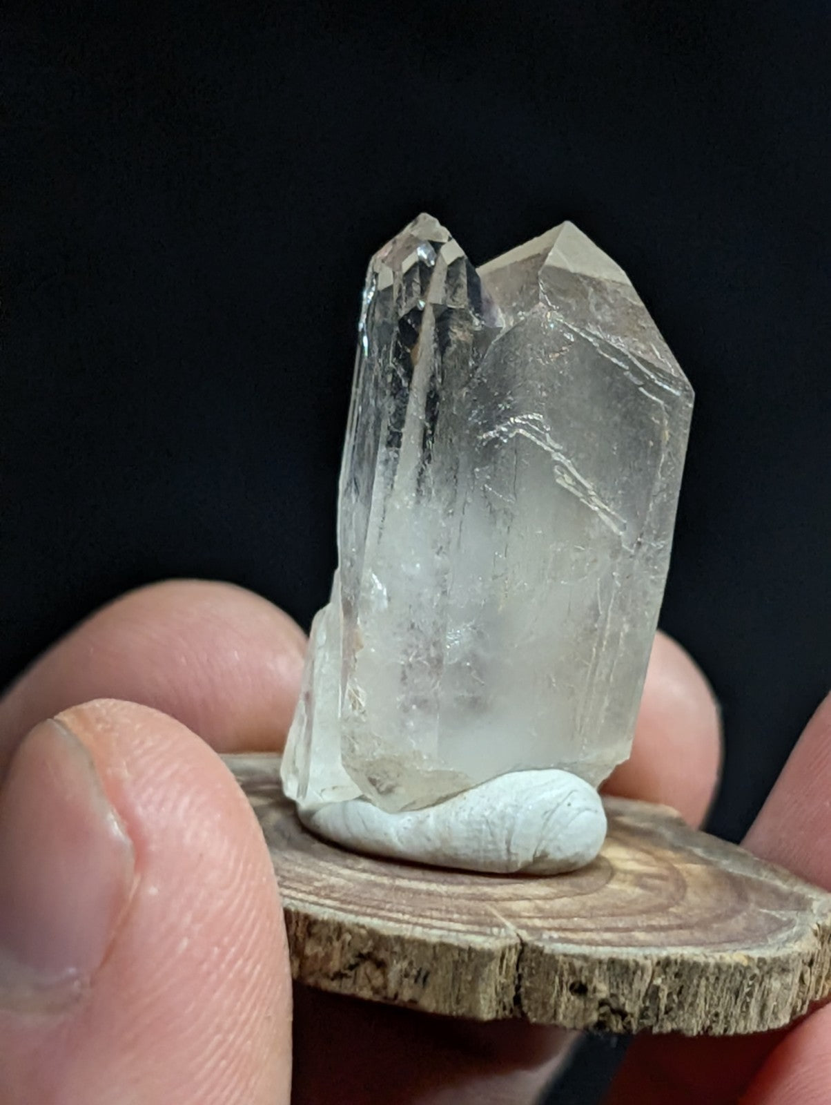A clear, translucent quartz crystal cluster with sharp facets and natural inclusions, displayed on a rustic wooden slice.