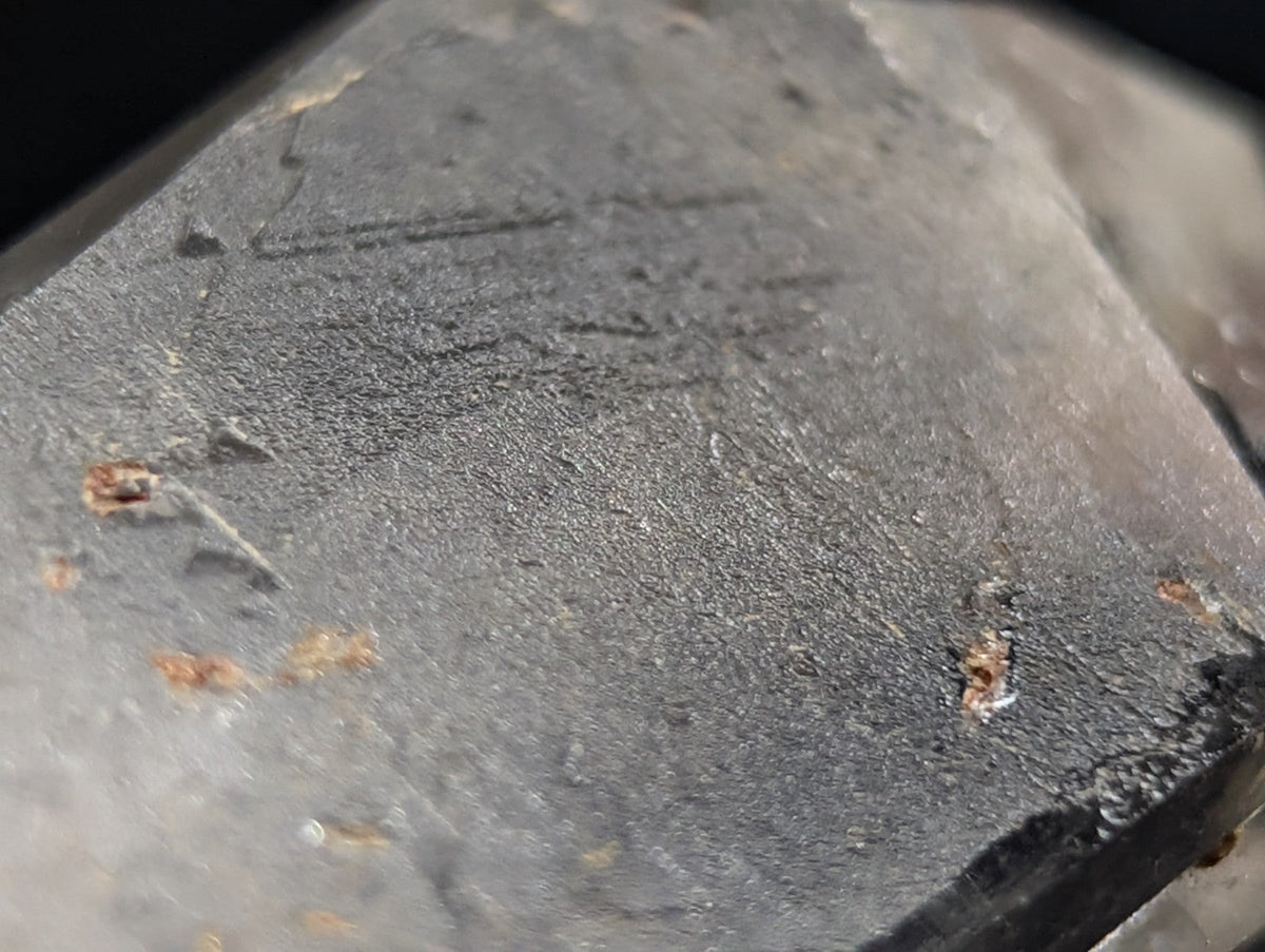 A dark gray, rough-textured mineral crystal with subtle surface markings and small brownish inclusions.