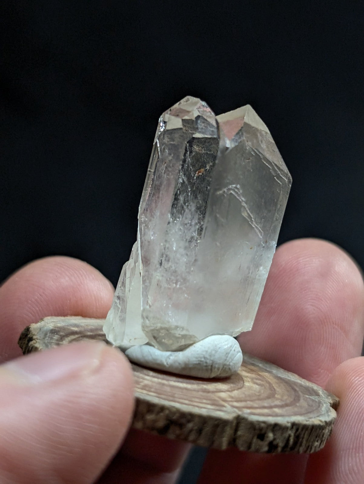 A clear, translucent quartz crystal cluster with sharp facets and natural inclusions, displayed on a rustic wooden slice.