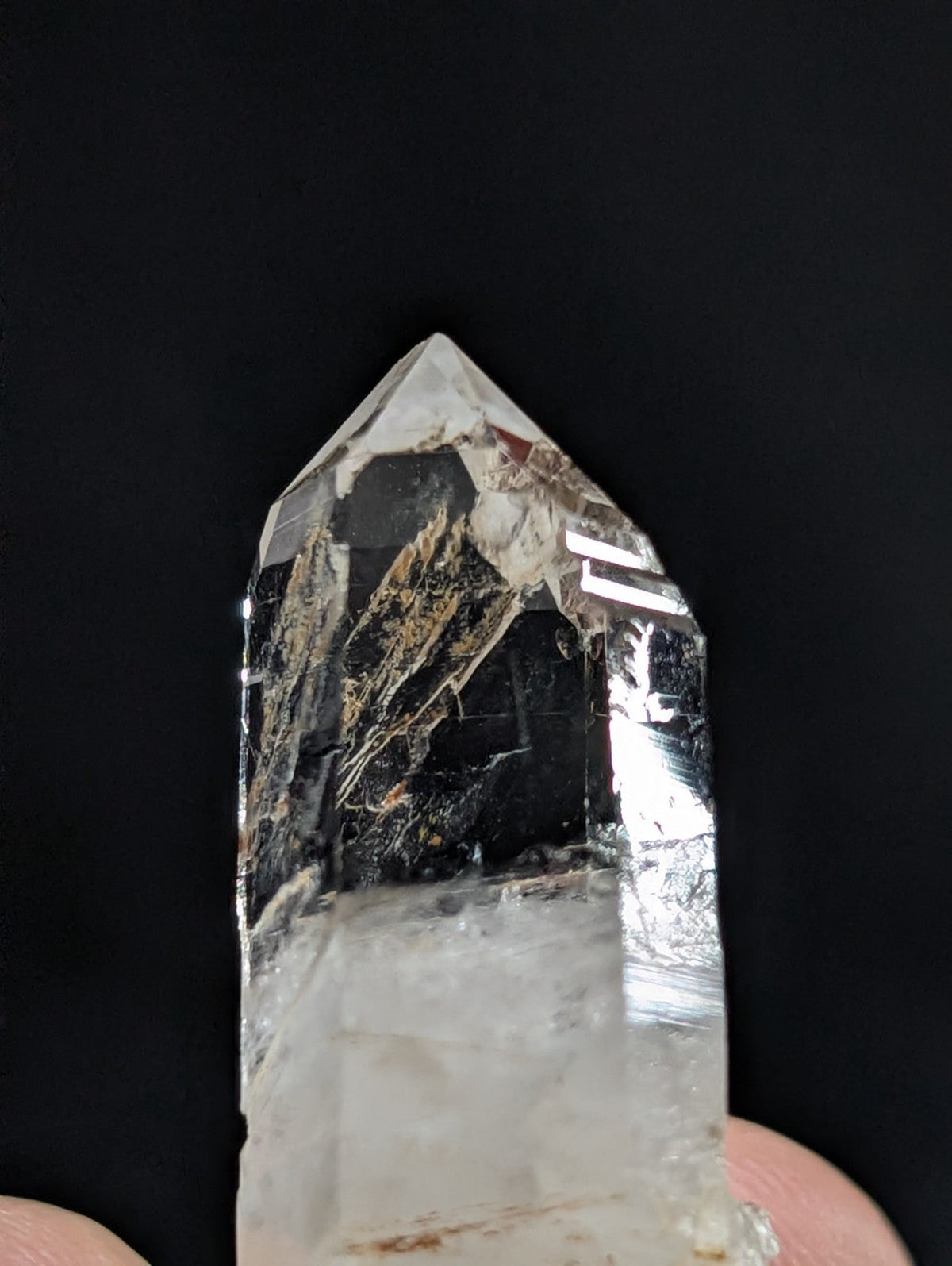A clear quartz crystal with a pointed tip and dark, veined inclusions.