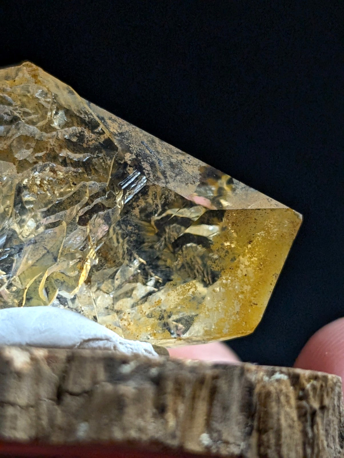 A translucent golden-yellow crystal with intricate internal patterns and dark inclusions, resting on a rustic wooden surface.
