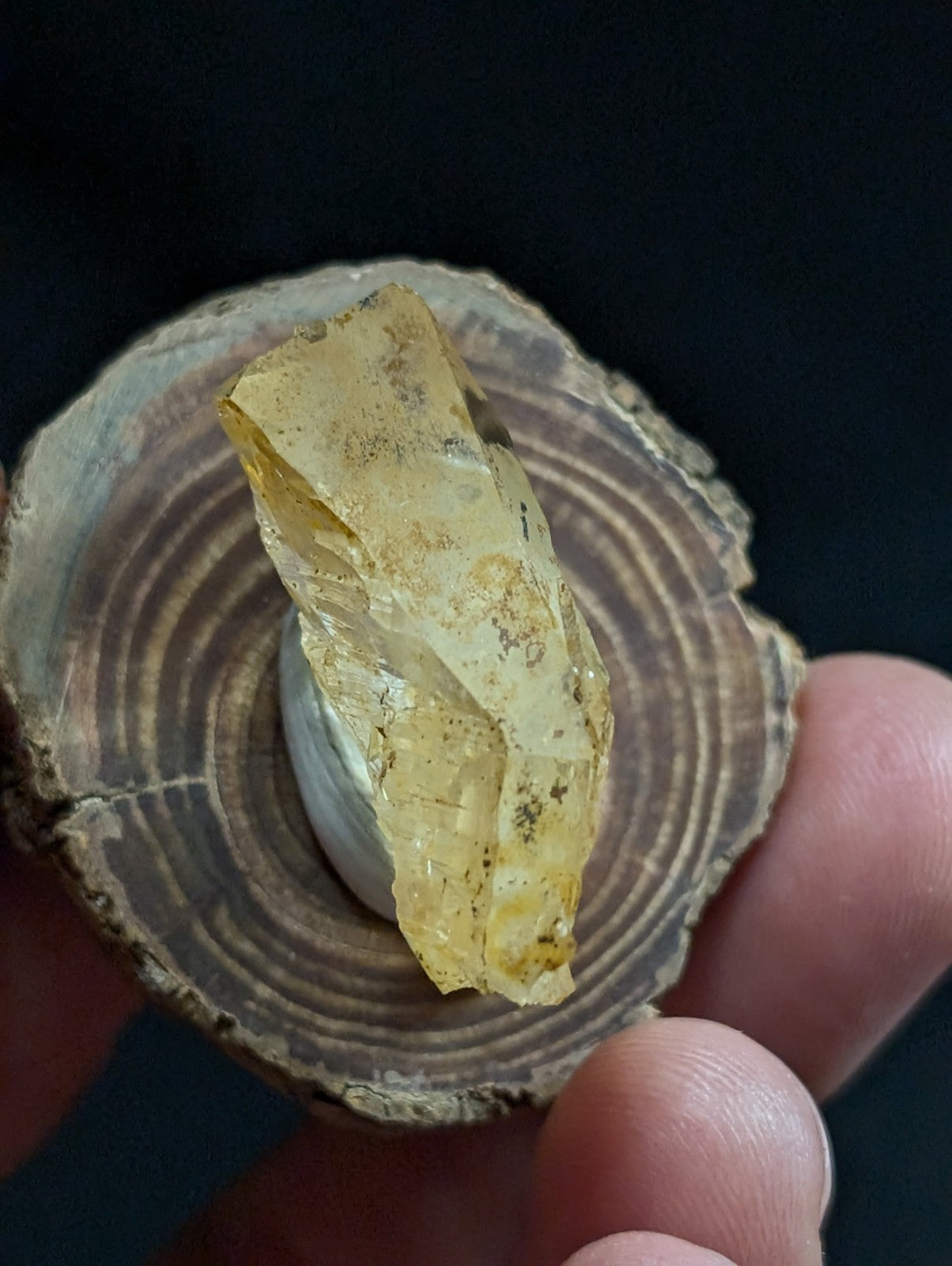 A translucent yellowish amber-colored mineral specimen with visible internal inclusions and a rough, irregular surface.