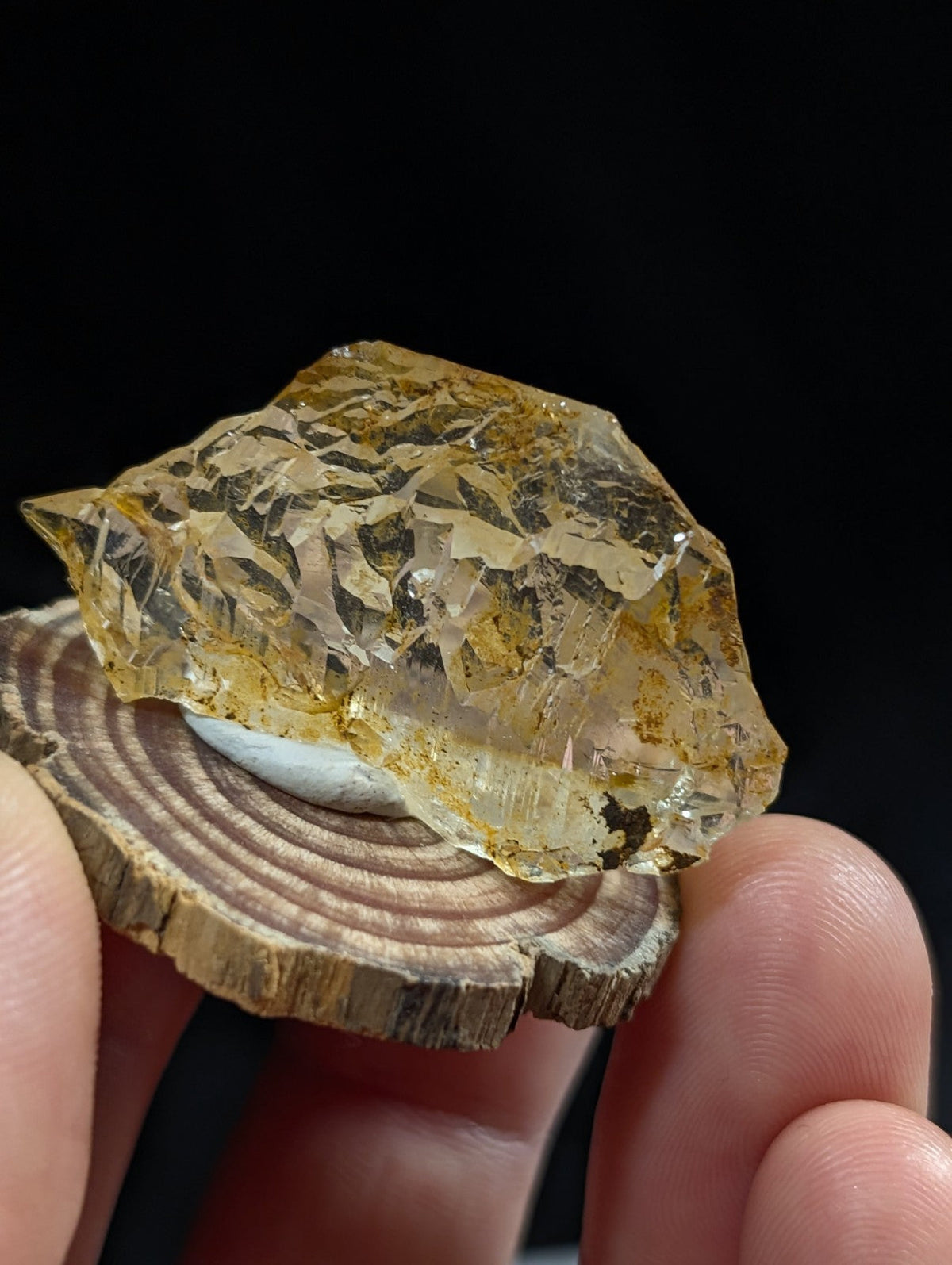 Unique etched quartz crystal point with translucent golden yellow color and intricate web like patterns from Arkansas