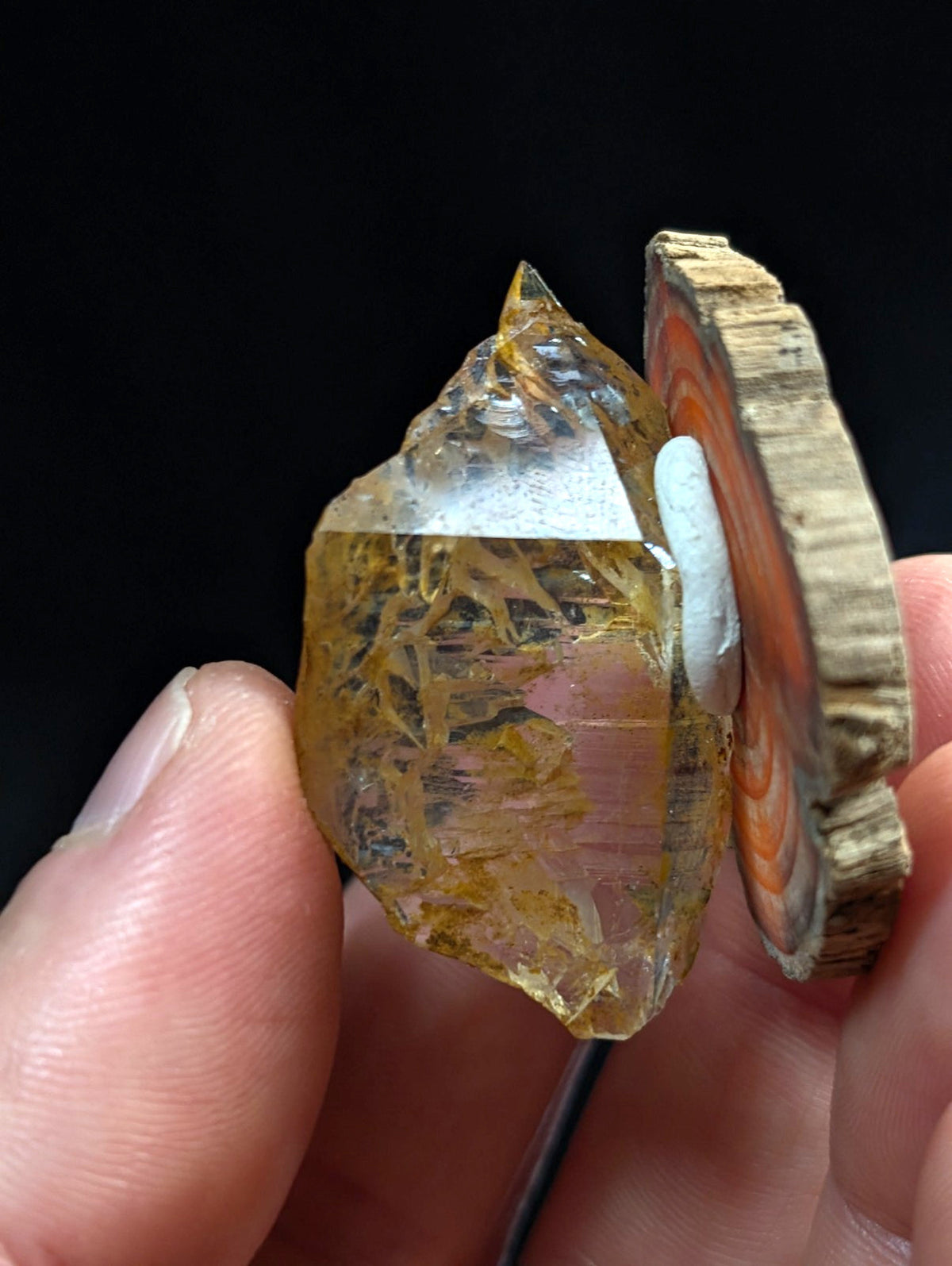 Unique etched quartz crystal point in translucent golden yellow with intricate patterns and a sliced wooden disc base from garland county arkansas