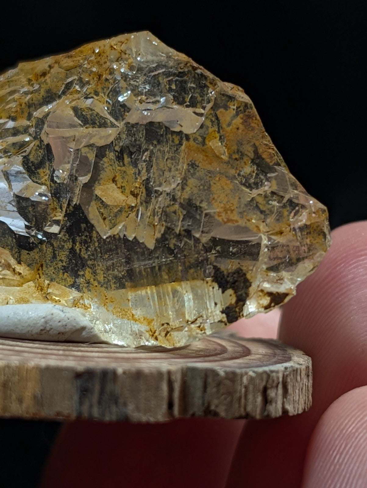 Unique etched yellowish quartz crystal point with jagged edges and golden veins on rustic wooden base from Arkansas