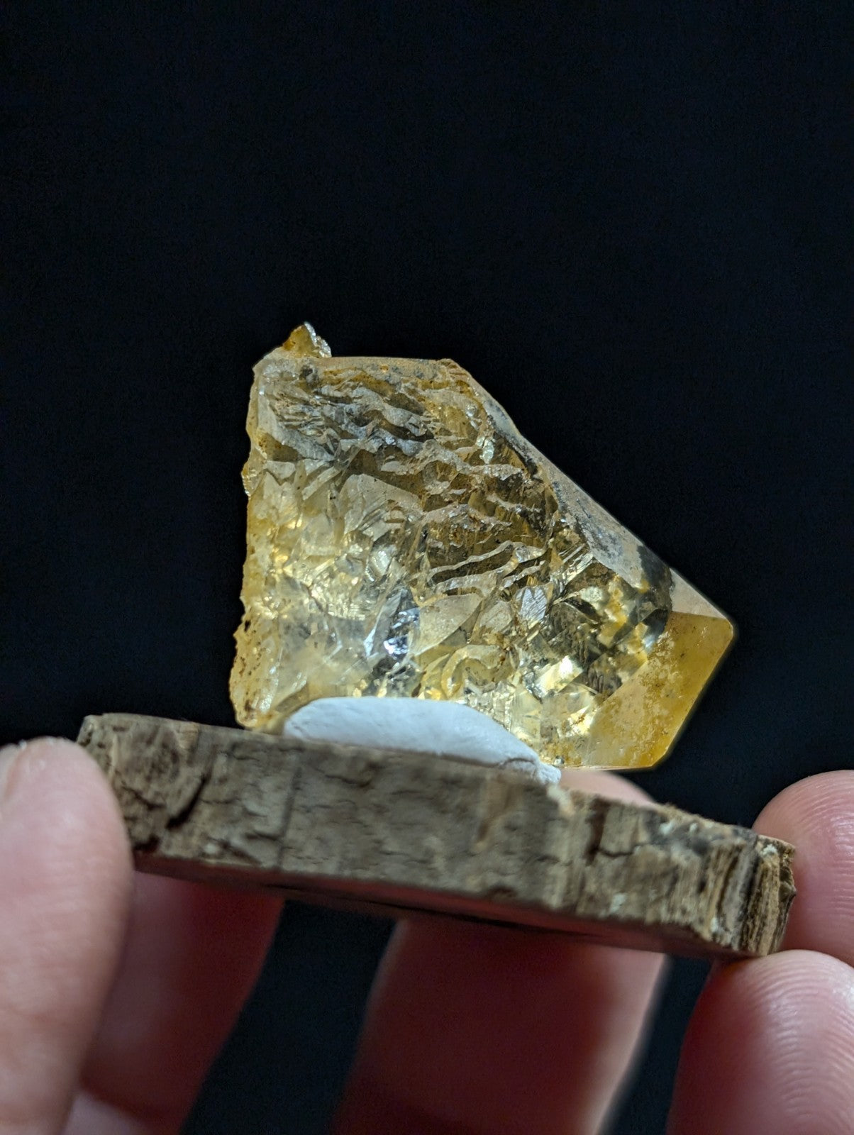 A translucent golden-yellow citrine crystal with a rough, faceted surface rests on a rustic wooden slice.